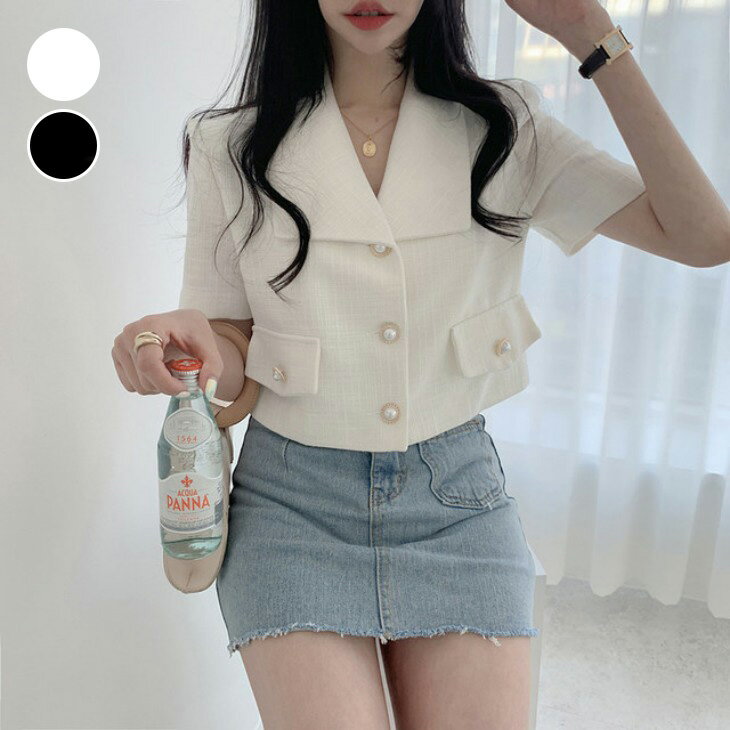 【半額クーポン対象】ツイード調ジャケット ショート丈 半袖 パールボタン クロップド 上品 キレイめ オフィス デート おすすめ おしゃれ レディース トレンド 人気 プチプラ 韓国ファッション 2025春夏新作【9791-n502】【予約販売：15-20日】【送料無料】メ込2のサムネイル