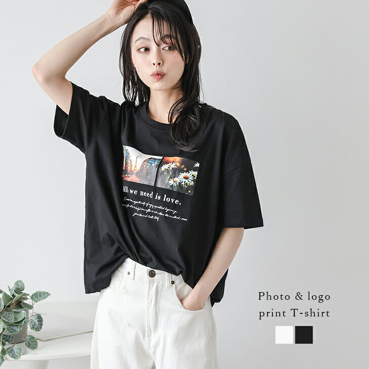 【半額クーポン対象】フォトプリント ロゴTシャツ オーバーシルエット 半袖 グラフィックプリント コットン生地 オールシーズン レディース おすすめ おしゃれ フリーサイズ メール便 2025春夏新作【atpss25-1370】【予約販売：7月10日入荷予定順次発送】【送料無料】メ込2のサムネイル