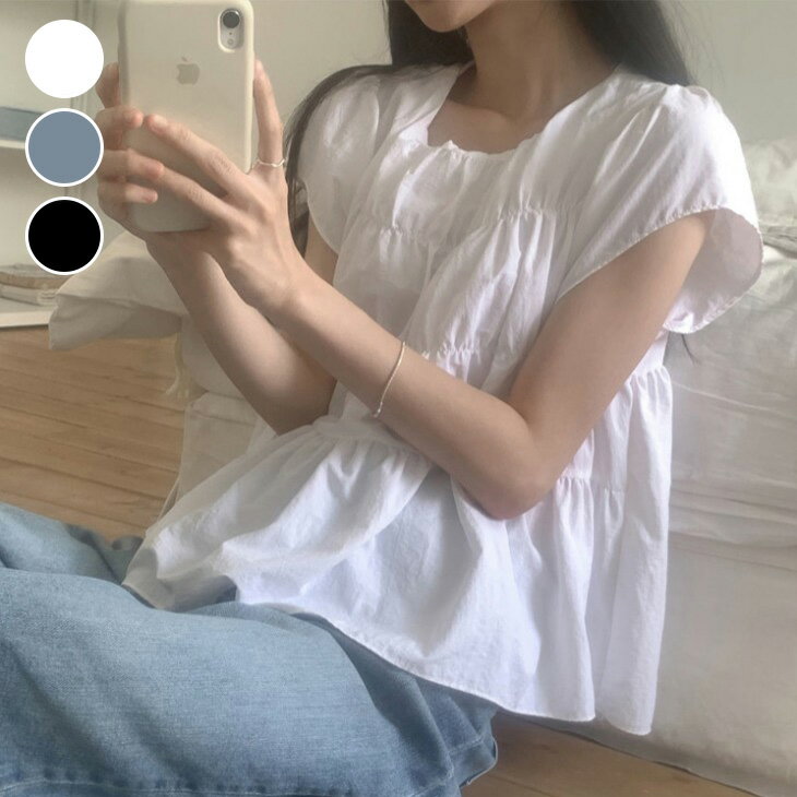 【半額クーポン対象】ブラウス リボン シャツ 前開き ギャザー トップス ペプラム シアー 透け感 半袖 夏 ガーリー おすすめ レディース オシャレ トレンド 人気 プチプラ 韓国ファッション【15086-fx2】【予約販売：15-20日】【送料無料】メ込2のサムネイル