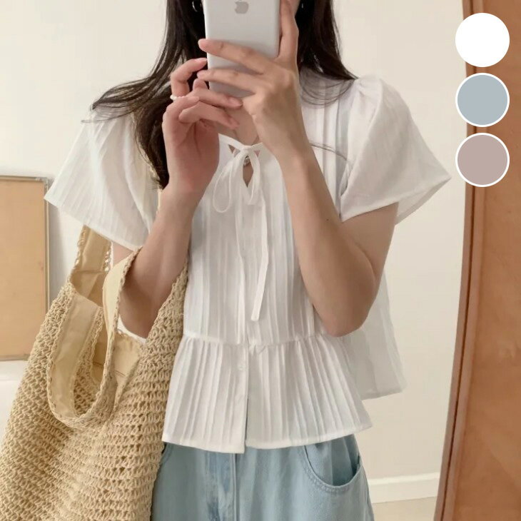 【半額クーポン対象】ブラウス フロントリボン シャツ 前開き プリーツ トップス ペプラム シアー 透け感 半袖 夏 ガーリー おすすめ レディース オシャレ トレンド 人気 プチプラ 韓国ファッション【1772-fx3】【予約販売：15-20日】【送料無料】メ込2のサムネイル