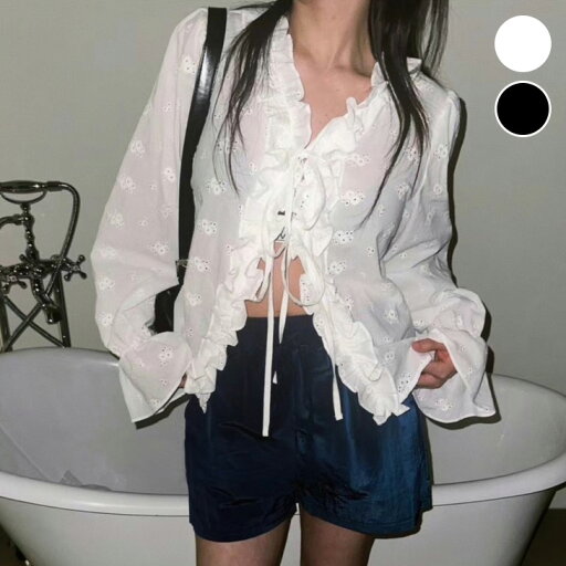 【半額クーポン対象】ブラウス トップス フロントリボン キャンディースリーブ フリル シースルー ガーリー 薄手 長袖 おすすめ レディース オシャレ トレンド 人気 プチプラ 韓国ファッション 【2023-fx1】【予約販売:15-20日】【送料無料】メ込2 【半額クーポン対象】ブラウス トップス フロントリボン キャンディースリーブ フリル シースルー ガーリー 薄手 長袖 おすすめ レディース オシャレ トレンド 人気 プチプラ 韓国ファッション 【2023-fx1】【予約販売:15-20日】【送料無料】メ込2