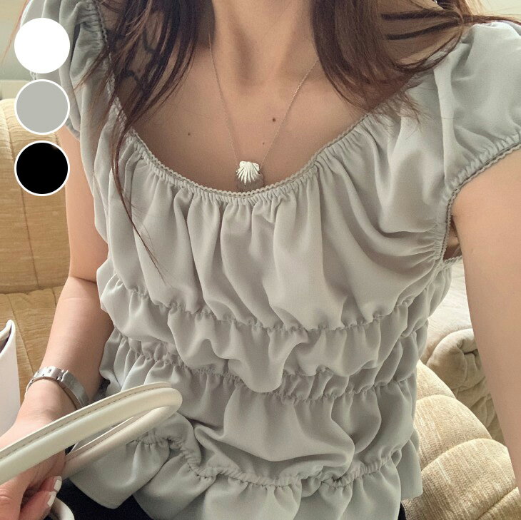 【半額クーポン対象】シャーリング フリル ブラウス フェミニン 大人ガーリー かわいい デート おすすめ おしゃれ 着やせ レディース トレンド 人気 プチプラ 韓国ファッション 2025春新作 【8224-v】【予約販売：15-20日】【送料無料】メ込2のサムネイル