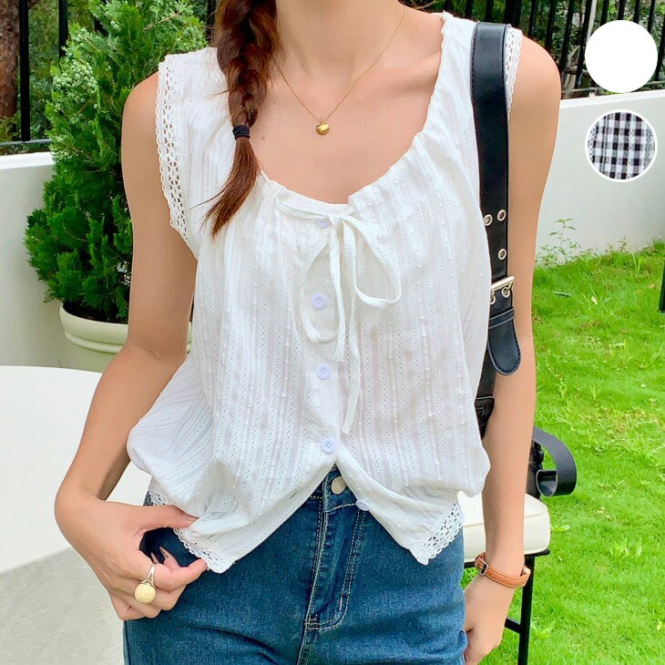 【半額クーポン対象】ブラウス トップス フロントリボン Uネック ノースリーブスリーブ レース ガーリー 薄手 おすすめ レディース オシャレ トレンド 人気 プチプラ 韓国ファッション 【8252-fx8】【予約販売：15-20日】【送料無料】メ込2のサムネイル