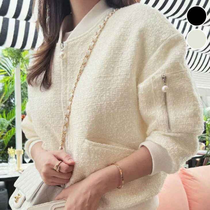 【半額クーポン対象】ツイード風ジャケット ブルゾン ショート丈 ノーカラー キレイめ 上品 オフィス デート オケージョン おすすめ おしゃれ レディース トレンド 人気 プチプラ 韓国ファッション 2025新作 【1310-fx10】【予約販売：15-20日】【送料無料】宅込のサムネイル