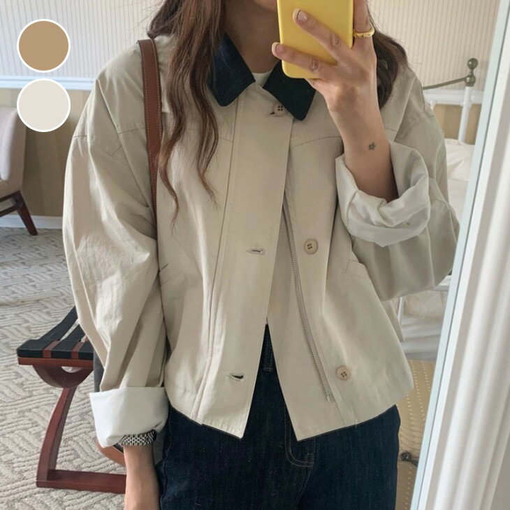配色襟 ショート丈 ジャケット バイカラー 大人カジュアル シンプル シンプル ブルゾン オーバーサイズ おすすめ おしゃれ レディース トレンド 人気 プチプラ 韓国ファッション 2025新作 【1375-sy】【予約販売：9月25日入荷予定順次発送】【送料無料】宅込のサムネイル