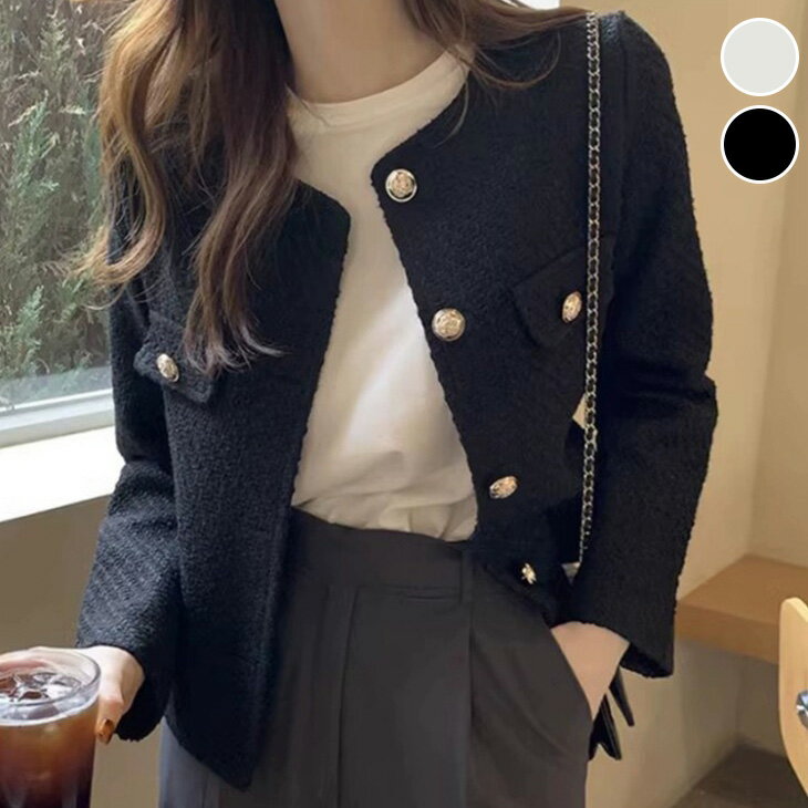 【60％OFFクーポン対象】ツイード風 ショート丈ジャケット ノーカラー レトロ ゴールドボタン フェミニン デート 大人かわいい レディース 2025新作 【1518-fx1】【即納：1-5営業日】【送料無料】宅込のサムネイル