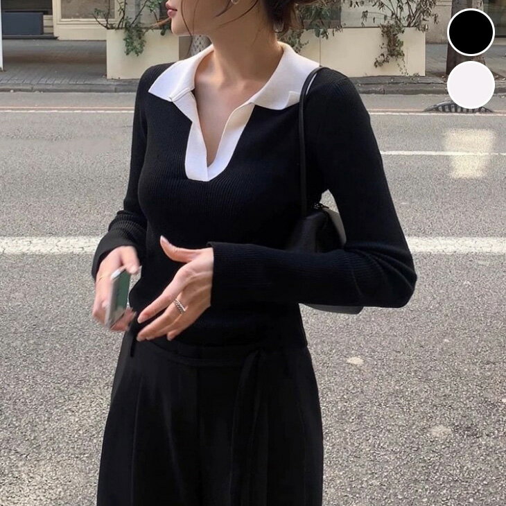 【半額クーポン対象】バイカラー ポロ襟 Vネック リブニット フェミニン キレイめ 大人カジュアル デート オフィス おすすめ おしゃれ レディース トレンド 人気 プチプラ 韓国ファッション 2025新作 【2666-fx2】【予約販売：15-20日】メ込2のサムネイル