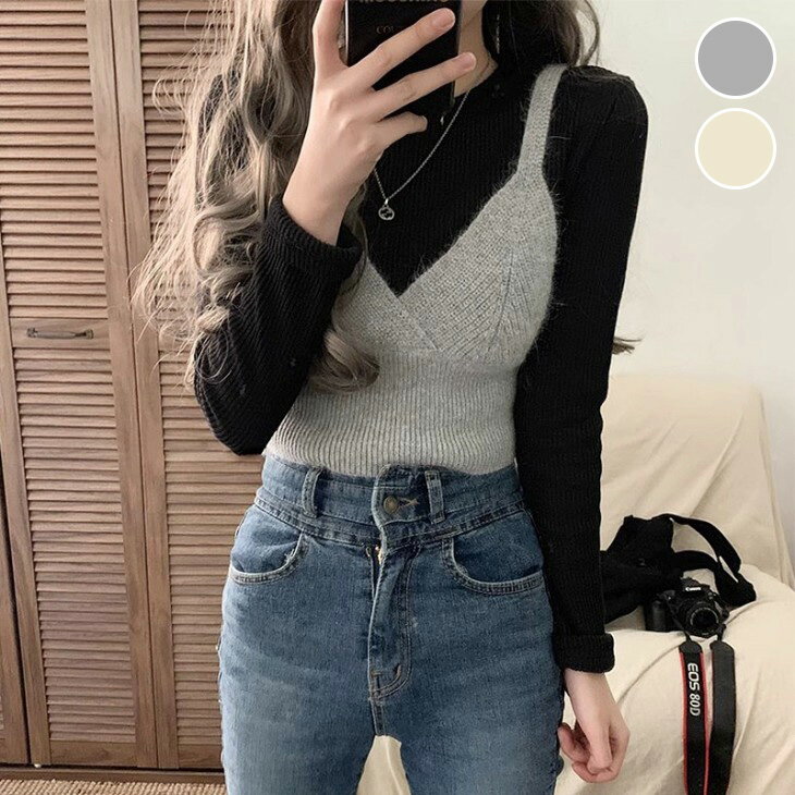 【半額クーポン対象】ニット ビスチェ キャミ ベスト レイヤード 重ね着 Vネック リブニット シンプル きれいめ 秋冬 おすすめ レディース オシャレ トレンド 人気 プチプラ 韓国ファッション 【8200-d】【予約販売：15-20日】【送料無料】メ込2