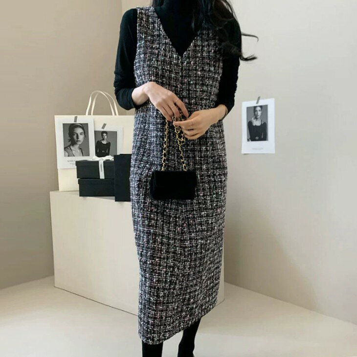 【半額クーポン対象】ツイード風 Vネック ジャンパースカート きれいめ ロング丈 ポケット付き キレイめカジュアル デート おすすめ おしゃれ レディース トレンド 人気 プチプラ 韓国ファッション 2025新作 【9267-bh】【予約販売：15-20日】【送料無料】メ込2のサムネイル