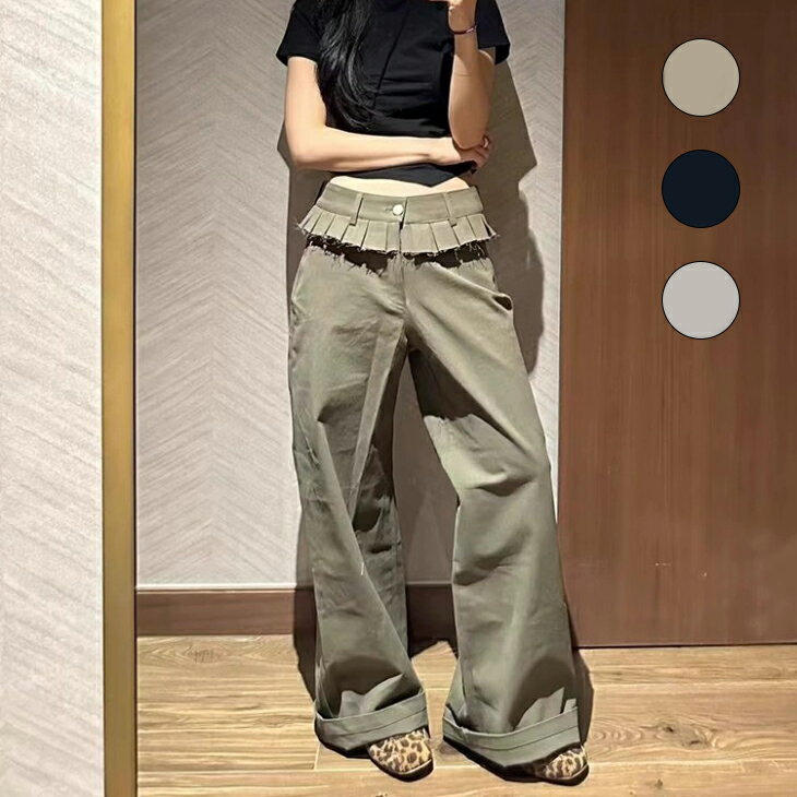 ウエストフリル ワイドカーゴパンツ ロールアップ ワイドレッグ ハイウエスト 大人かわいい カジュアル おすすめ おしゃれ レディース トレンド 人気 プチプラ 韓国ファッション 2025新作【9762-fx2】【予約販売：15-20日】【送料無料】メ込2のサムネイル