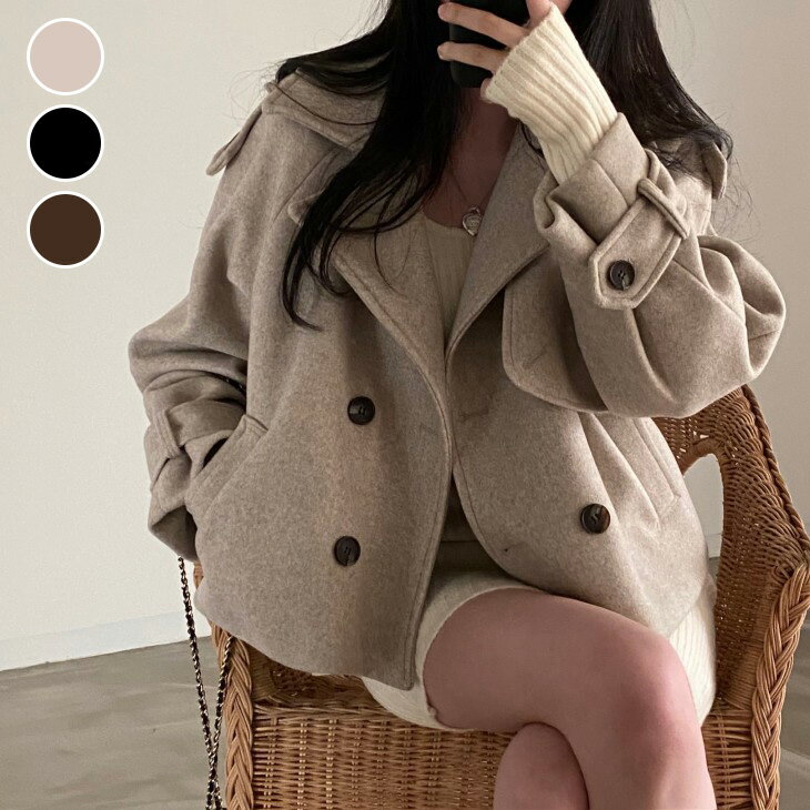 【半額クーポン対象】Pコート カジュアル ショート丈 シンプル 暖かい コート 可愛い 無地 長袖 秋冬 上着 羽織 ゆったり おすすめ レディース オシャレ トレンド 人気 プチプラ 韓国ファッション【aotaw25-dk05】【予約販売：15-20日】【送料無料】宅込のサムネイル