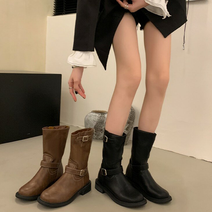 【半額クーポン対象】エンジニアブーツ ブーツ ショートブーツ カジュアル 美脚 歩きやすい 秋冬 靴 ゆったり ミディ丈 おすすめ レディース オシャレ トレンド 人気 プチプラ 韓国ファッション【ash507-132】【予約販売：15-20日】【送料無料】宅込のサムネイル