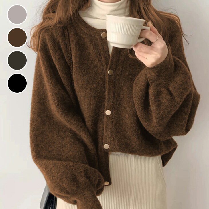 カーディガン ニット ショート丈 クルーネック 丸首 ボリューム袖 バルーン袖 モヘア調 ゴールドボタン おすすめ おしゃれ レディース トレンド 人気 プチプラ 韓国ファッション 2025秋冬新作【aotaw25-1762】【予約販売：12月4日入荷予定順次発送】【送料無料】宅込のサムネイル