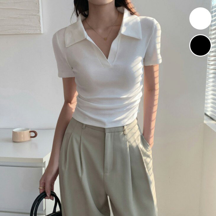 樂天商城 - 【半額クーポン対象】襟付き 半袖 Tシャツ コンパクト トップス ポロデザイン クルーネック フィットシルエット きれいめカジュアル シンプル 無地 伸縮性 デイリー レディース 【a26-wp4151】【予約販売：15-20日】【送料無料】メ込2