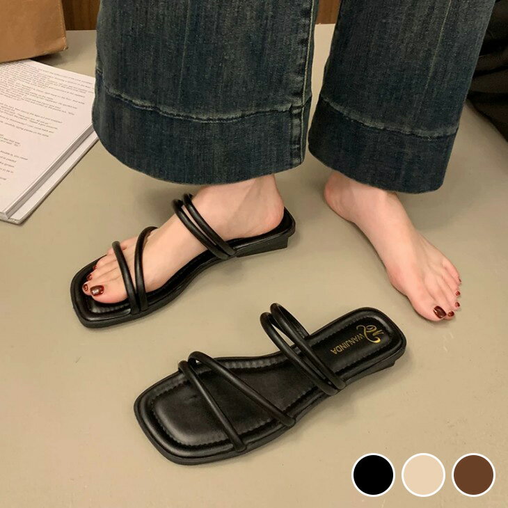 【半額クーポン対象】スクエアトゥ ストラップサンダル フラットサンダル ぺたんこ ミュール 楽ちん 高見え きれいめ…