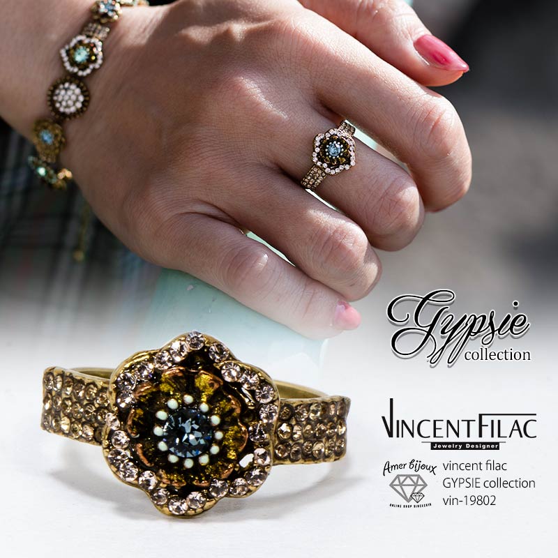 Vincent FILAC ヴァンサン フィラック / vin2019aw Gypsieコレクション / リング 指輪 / アンティーク エキゾチック カジュアル お花 キラキラ / ブルー ゴールド クリスタル / インポート フランス 手作り / vin-19802 / AmerBijoux