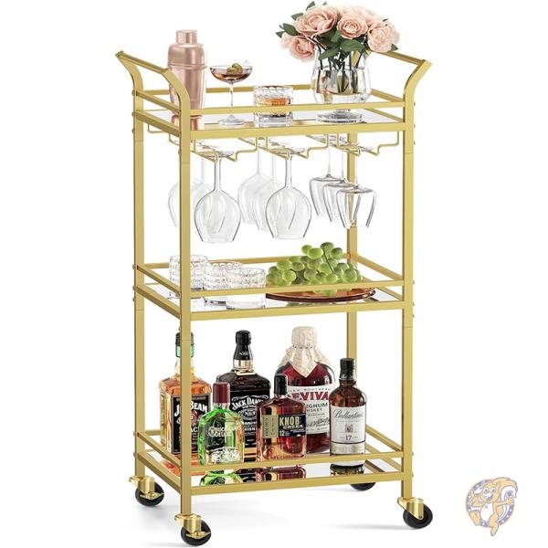 バーカート ホームバーサービングカート 小型キッチンワゴン 3段ミラー棚付き ワイン/グラスホルダー付..