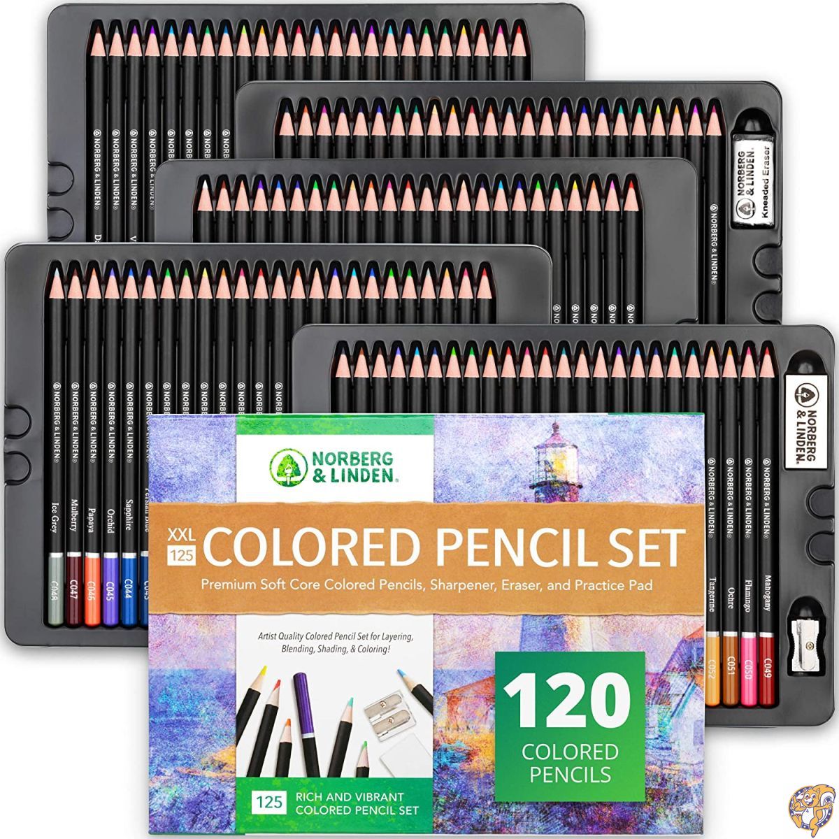 Norberg & Linden XXL 125色鉛筆セット - アート鉛筆120本、ドローイングペーパーパッド、消しゴム2本、鉛筆削り2本 - 送料無料