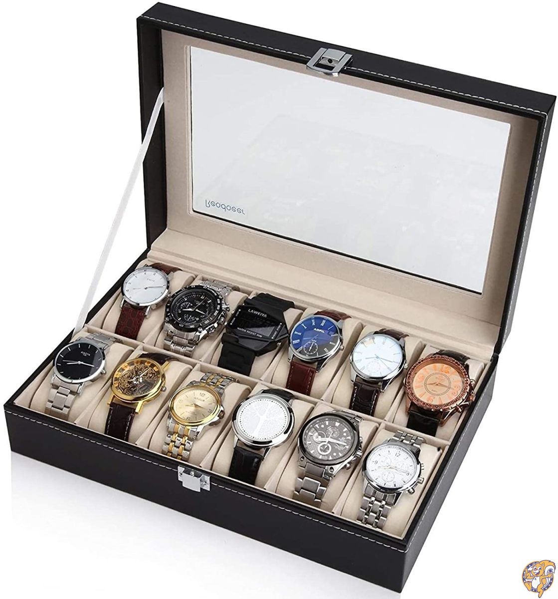 (12slots, Black) - Readaeer Black Leather 12 Watch Box Case Organiser 送料無料