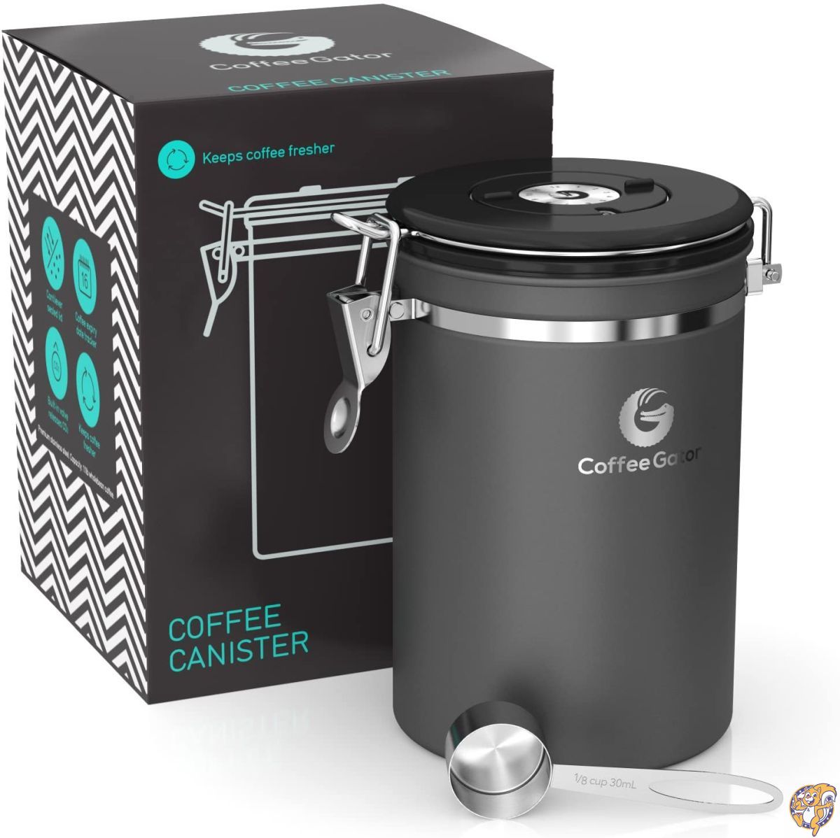 Coffee Gator コーヒーキャニスター 1910ml（グレー）保存容器 ステンレス製 密封バルブ・日付表示ダイヤル・計量さじ付 送料無料