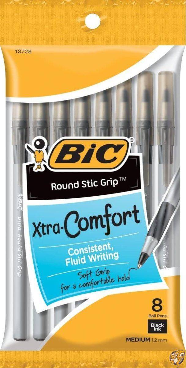 BIC Round Stic Grip Ultra Ball Pen, Medium Point (1.2 mm), Black, 96 Pens