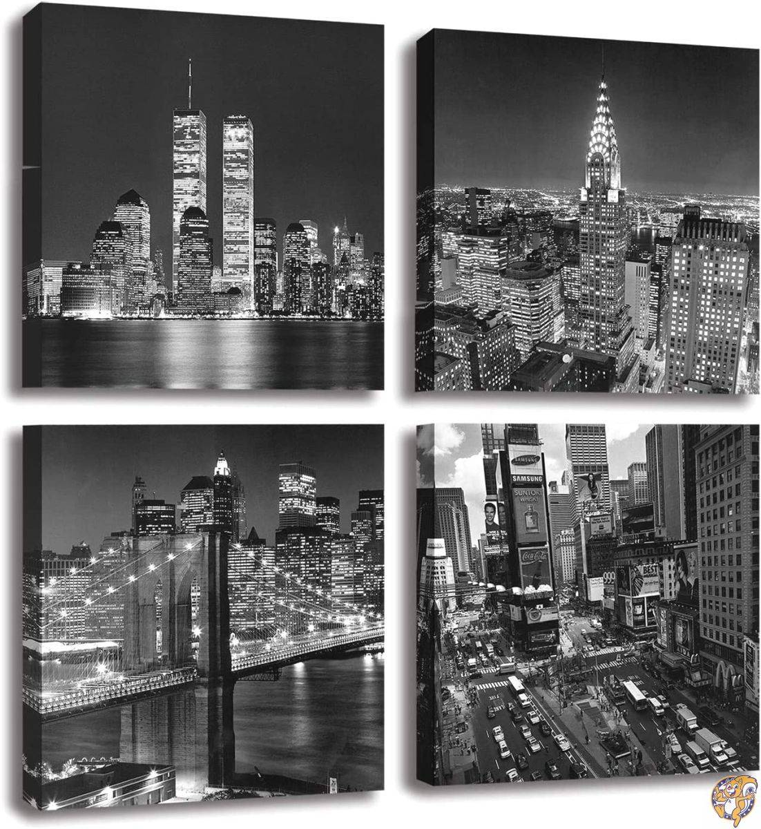 (Black and White) - Yin Art- New York City Canvas Print Black White Brooklyn Bridge,Empire State Building Wall Art Modern