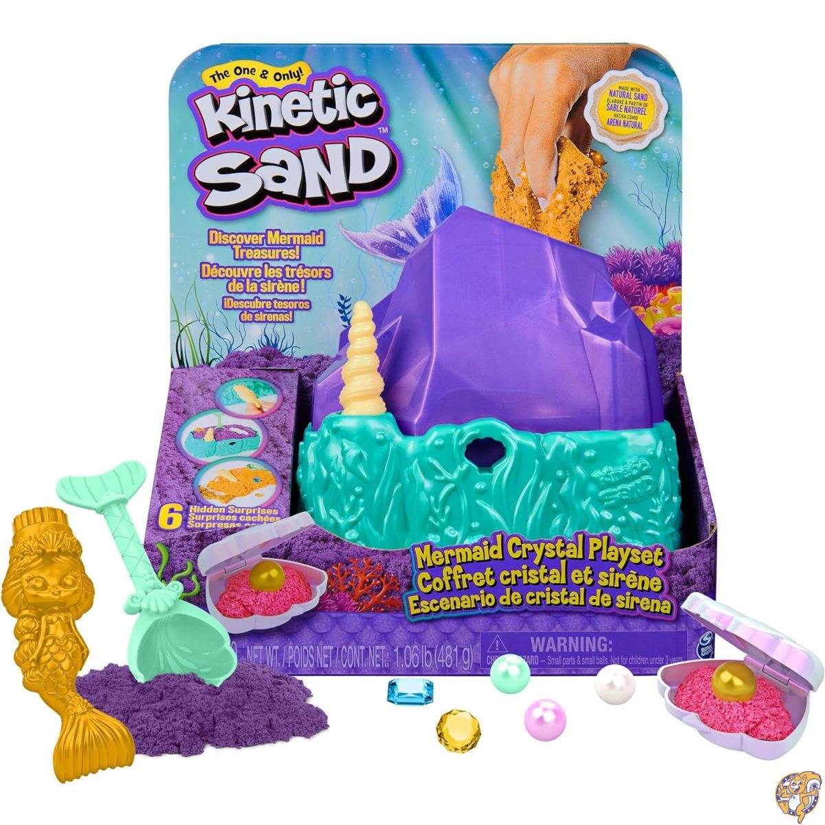 Mermaid Crystal Playset, Over 1lbs of Play Sand, Gold Shimmer Storage and Tools, Sensory Toys for Kids Ages 3 up