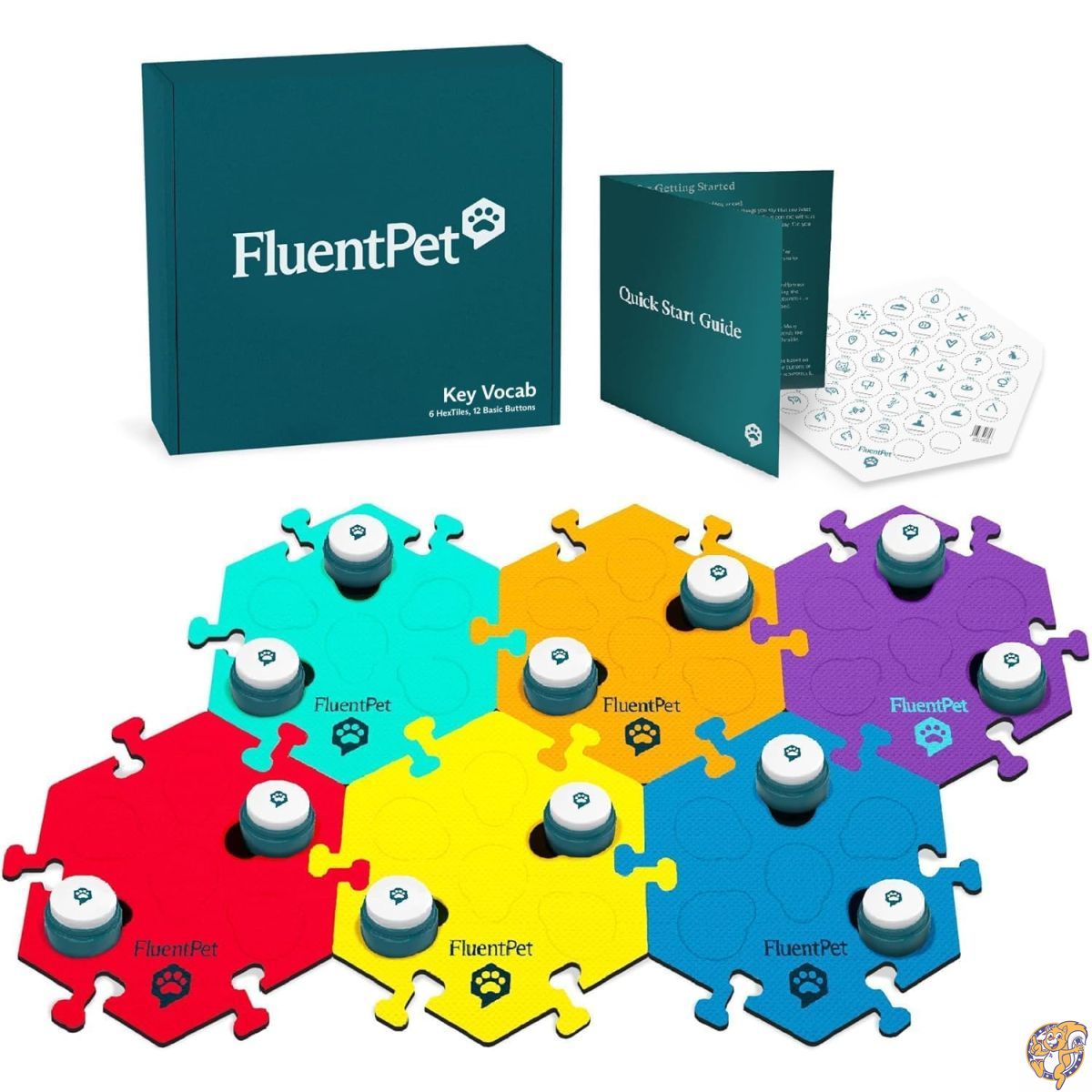 FluentPet ベーシックボキャブキット - 12個の録音可能なボタンと6つの六角タイルセット コミュニケーションのためのカスタマイズ可能な猫と犬のボタン 猫と犬のおしゃべりボタンセット 音声録音ボタン付き