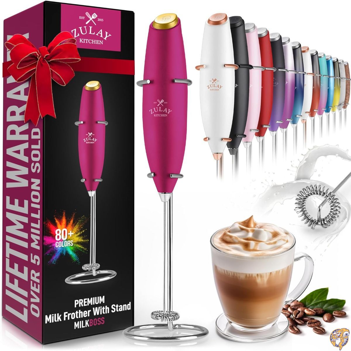 Zulay Original Milk Frother Handheld Foam Maker for Lattes - Whisk Drink Mixer Coffee, Mini Foamer Cappuccino, Frappe, Matcha, Hot Chocolate by Boss (Pink with Gold Button)