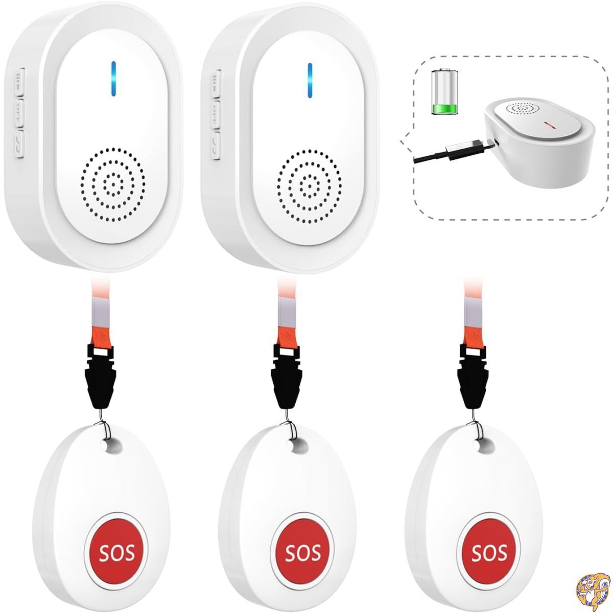 CallToU Caregiver Pager Call Button for Elderly at Home,Nurse Alert System Seniors 2 USB Receivers 3 SOS Panic Buttons