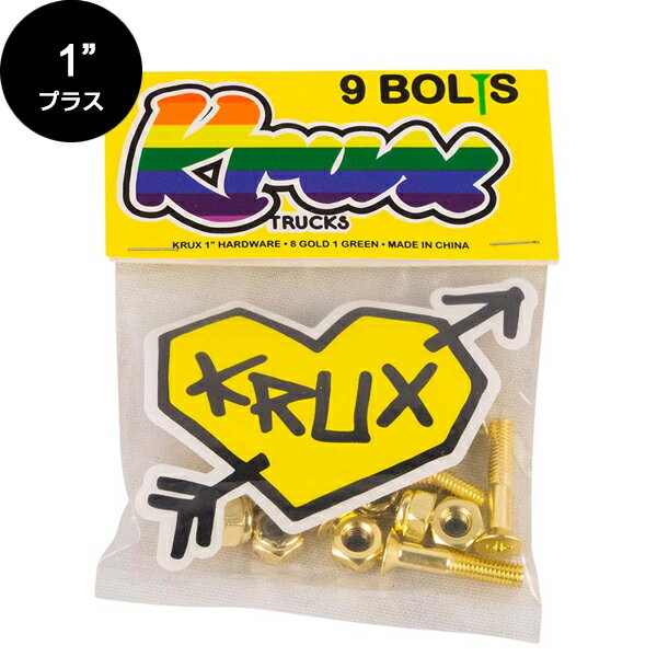 ■KRUX TRUCKS ・モデル：KROME 1" PHILLIPS HARDWARE PK/9 GOLD ・サイズ：1inch ・カラー：ゴールド ・種類：プラス ・トラックとデッキを固定するビス・ナット9個セット ・ゴールド8個セット・グリーン1個セット ・1/8ライザーパッド(約3mm)がご使用いただけるサイズです。 *PCモニターにより若干色が違って見えることがあります。 *商品の仕様は予告なく変更になる場合があります。 【KRUX】 1989年に設立されたトラックブランド 設立された当時から独特なカラーリング、個性派揃いのライダー達で話題に！ 全モデルに、ハンガーの中央がチャームポイントかのような穴があいていて軽量化されており、 またDOWNLOWシリーズは、キングピンがグラインド時に引っ掛からないようにキングピンの頭が丸く設計されている。 KRUXライダー Cairo Foster/Ron Whaley/Caswell Berry/Tommy Sandoval/Louie Barletta/Justin Strubing/Jimmy Carlin/Nestor Judkins/Zach Wallin/Ryan Lay/Nick Merlino/Travis Erickson/Sid Melvin/Albert Nyberg/Silas Baxter-Neal KRUXトラック一覧はこちら