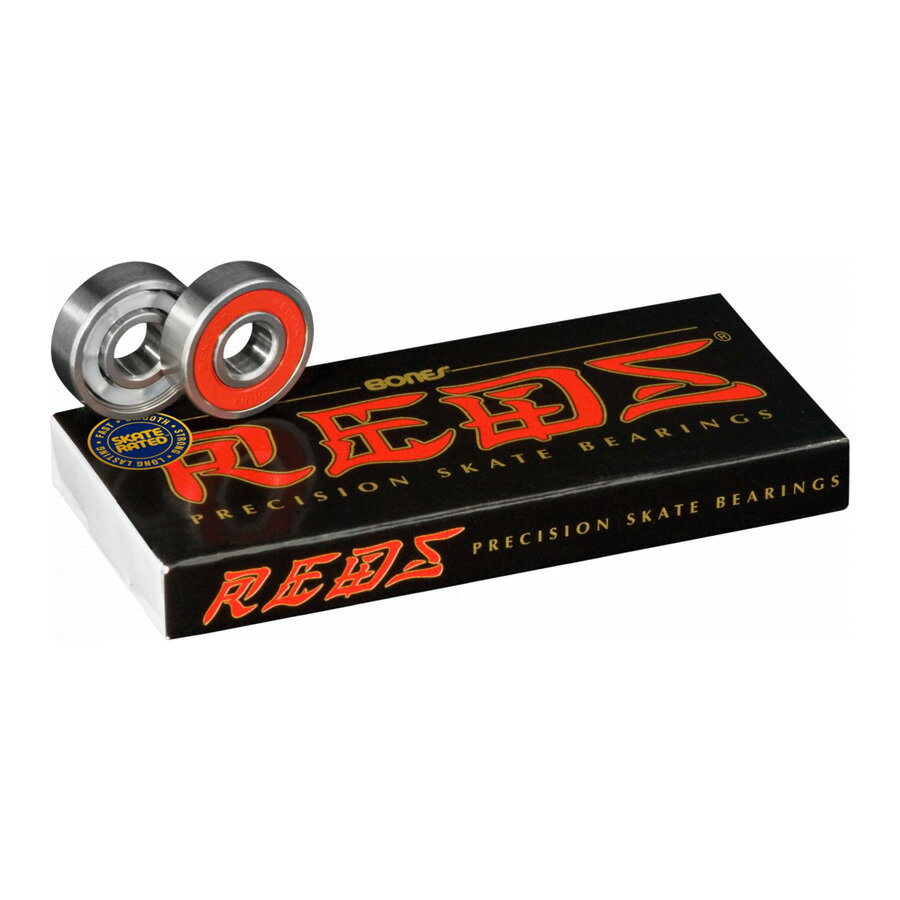 ■BONES BEARINGS 商品詳細 ブランド：BONES BEARINGS(ボーンズ ベアリング) モデル：BONES&#174; REDS&#174; SKATEBOARD BEARINGS 8個入り(スケートボード1台分) 片側のみゴムシールドで、少ない摩擦抵抗と、簡単にメンテナンスをおこなえます。 強度とスピードを向上させるHigh speed Nylon&#8482;ボールリテーナー オイルにはSpeed Cream&#8482;を使用 Bones Skate Rated&#8482;基準による、スケーティングに最適な性能 正規輸入品 Bones&#174; REDS&#174;は、SWISSの技術と製造環境を中国に移し生産し、Bones Skate Rated&#8482;仕様を採用する事で、低価格で高性能と耐久性を実現したモデル。 Bones Skate Rated&#8482;とは？ *PCモニターにより若干色が違って見えることがあります。 *商品の仕様は予告なく変更になる場合があります。 【BONES BEARINGS】 スケートボード専用にゼロから考えられ、独自の仕様に沿って製造されたBONES BEARING。 ハードなランディングがもたらす強い衝撃、ターンでのサイドからの負荷、ゴミ、ホコリなどに可能な限り耐えるように設計され、速く回転し長持ちする。 考案者のジョージ・パウエルが、スケート用ベアリングに工業規格はあてはまらないという考えの下、ABECレートは使用していません。 BONES BEARINGS商品一覧はこちら