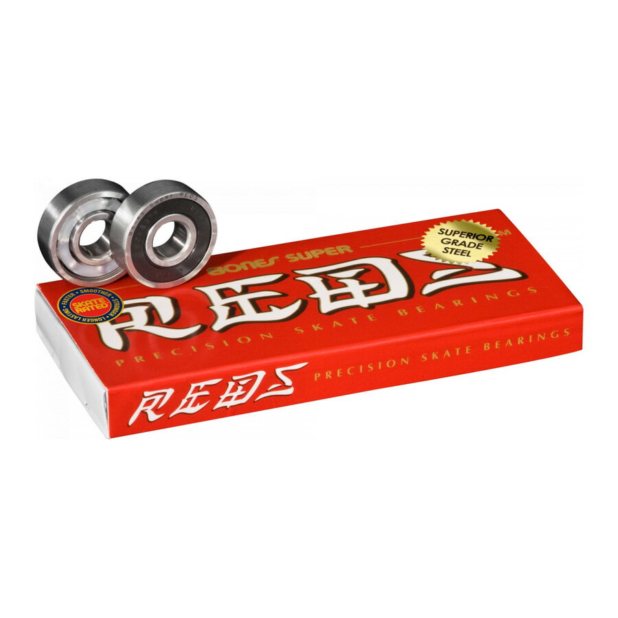 ■BONES BEARINGS 商品詳細 ブランド：BONES BEARINGS(ボーンズ ベアリング) モデル：BONES&#174; SUPER REDS&#174; SKATEBOARD BEARINGS 8個入り(スケートボード1台分) ハイクオリティのスチールレースとハイグレードのボールベアリング、そして上質なサーフェイスフィニッシュ 片側のみゴムシールドで、少ない摩擦抵抗と、簡単にメンテナンスをおこなえます。 強度とスピードを向上させるHigh speed Nylon&#8482;ボールリテーナー オイルにはSpeed Cream&#8482;を使用 Bones Skate Rated&#8482;基準による、スケーティングに最適な性能 正規輸入品 Bones&#174; SuperREDS&#174;は、この価格帯でのベアリング市場でトップになる為に、0から設計されたベアリング。 REDS&#174;との一番の違いは、スーパーフィニッシング（表面研磨）によるスムーズな回転性能。 そしてハイクオリティのスチールレースとハイグレードのボールベアリングによって、さらに強く、さらに速く、速度が落ちない伸びを実現。 SuperREDS&#174;はブラックラバーシールドとアウターレースにレーザー彫刻で名前が刻まれています。 Bones Skate Rated&#8482;とは？ *PCモニターにより若干色が違って見えることがあります。 *商品の仕様は予告なく変更になる場合があります。 【BONES BEARINGS】 スケートボード専用にゼロから考えられ、独自の仕様に沿って製造されたBONES BEARING。 ハードなランディングがもたらす強い衝撃、ターンでのサイドからの負荷、ゴミ、ホコリなどに可能な限り耐えるように設計され、速く回転し長持ちする。 考案者のジョージ・パウエルが、スケート用ベアリングに工業規格はあてはまらないという考えの下、ABECレートは使用していません。 BONES BEARINGS商品一覧はこちら