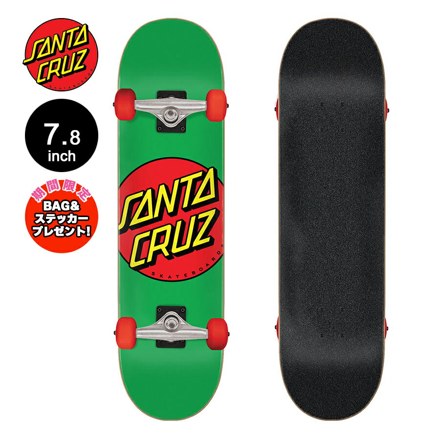 ■SANTA CRUZ SKATEBOARDS ブランド：SANTA CRUZ（サンタクルズ） モデル：CLASSIC DOT SK8 COMPLETE デッキ 幅：7.8inch（約19.81cm） 長さ：31inch（約78.74cm） トラック BULLETトラック ウィール 53mm 95A ベアリング ABEC 5 サンタクルーズスケートボードは、優れた耐久性、ポップ（跳ね返り）を兼ね備えた、高品質のデッキです。 さらにBULLETトラックを使用し、SLIME BALLSウィールを装備！ ベアリングはABEC5を装備しているので、スピードが段違い！ コストパフォーマンスに優れており、組立済みなので、すぐに乗っていただけます！ *在庫共有の為、タイミングによっては完売となる場合がございますので、お早目のご注文をお勧めいたします。 *PCモニターにより若干色が違って見えることがあります。 *商品の仕様は予告なく変更になる場合があります。 *こちらの商品は返品・交換をお受付けできません。 【SANTA CRUZ】 1973年カリフォルニアはサンタクルーズにて発足し深い歴史を誇るスケートカンパニーSANTACRUZ。 元々はサーフブランドとしてスタートしたブランドだが、後にサーフボードの余剰資材を用いて制作した頑強なデッキが支持を集めるようになる。 CLASSIC DOTで知られるアーティストのジム・フィリップスを起用し、数々の名作デッキをリリースするほか、クリスチャン・ホソイなどが在籍し、 パンクなアティチュードを誇ったチーム構成とブランドイメージ、画家的なプロダクト展開とスタイルあふれる映像作品の数々。 スケートボード に革命を起こしたブランドである。 SANTA CRUZ一覧はこちら メーカー希望小売価格はメーカーサイトに基づいて掲載しています