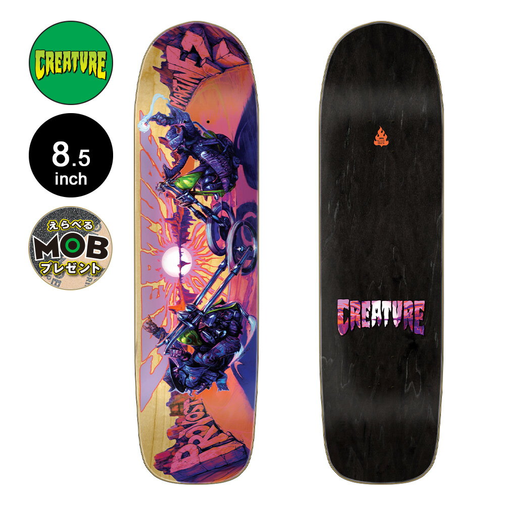 ■CREATURE SKATEBOARDS 商品詳細 ブランド：CREATURE（クリーチャー） モデル：MARTINEZ WIZARDS PASS PROVOST PRO DECK 7プライ 100％北米メイプル 正規輸入品 サイズ コンケーブ：Medium 幅：8.5inch（約21.59cm） 長さ：31.87inch（約80.94cm） ノーズ：6.86inch テール：6.56inch ホイールベース：14.25inch *デッキテープの貼り付けは、お客様ご自身もしくはお近くのスケート販売店にてお願い致します。 *PCモニターにより若干色が違って見えることがあります。 *商品の仕様は予告なく変更になる場合があります。 *こちらの商品は返品・交換をお受付けできません。 【CREATURE】 ホラー映画をモチーフにした明確なブランドビジョンと、プールやコンクリートセクションを攻め立てるスタイルを確立し、揺るぎない存在感でシーンに君臨するヘッシュなブランドCREATURE。 1993年にブランドが始動したが、98年に忽然と姿を消し闇の中に。。 そして2004年長年の沈黙を破ってハードコアなスケートヴァンパイア達が集結し、突然の復活で墓場から蘇った。 ブラックとグリーンのブランドカラーを基準に、ホラーテイストの激しいグラフィックで特徴でヘッシュなスケーター達に支持されているブランドである。 CREATURE一覧はこちら ■プラス550円で、デッキテープの変更が可能です。 （Graphic MOB or Cut MOB） 別途お買い上げいただき、ご注文後に金額の変更をおこないます。 【MOB GRIP（モブ グリップ）の特徴】 粗めの仕様で、しっかりとしたグリップ力が魅力です。 テープに開けられた多くの穴が空気を逃がし、気泡をつくらずデッキに張り付けることができます。 防水仕様で耐久性があり、グリップが消耗しにくいのが特徴です。 粘着性の強い接着剤を使用し、少々の熱さや寒さでは剥がれません。 グリップテープ一覧はこちら