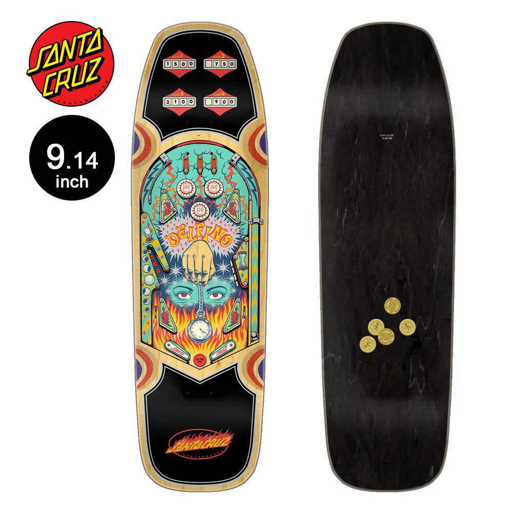 ■SANTA CRUZ SKATEBOARDS 商品詳細 ブランド：SANTA CRUZ（サンタクルーズ） モデル：DELFINO PINBALL SHAPED PRO DECK 7プライ 100％北米メイプル 正規輸入品 サイズ 幅：9.14inch（約23.21cm） 長さ：31.5inch（約80.01cm） ノーズ：6.7inch テール：6.6inch ホイールベース：14.0inch *デッキテープの貼り付けは、お客様ご自身もしくはお近くのスケート販売店にてお願い致します。 *デッキテープは付属しておりません。別途お買い上げいただきますようお願いします。 *Graphic MOB or Cut MOB同時購入で550円は対象外となります。 *PCモニターにより若干色が違って見えることがあります。 *商品の仕様は予告なく変更になる場合があります。 *こちらの商品は返品・交換をお受付けできません。 【SANTA CRUZ】 1973年カリフォルニアはサンタクルーズにて発足し深い歴史を誇るスケートカンパニーSANTACRUZ。 元々はサーフブランドとしてスタートしたブランドだが、後にサーフボードの余剰資材を用いて制作した頑強なデッキが支持を集めるようになる。 SCREAMING HANDで知られるアーティストのジム・フィリップスを起用し、数々の名作デッキをリリースするほか、クリスチャン・ホソイなどが在籍し、パンクなアティチュードを誇ったチーム構成とブランドイメージ、 画家的なプロダクト展開とスタイルあふれる映像作品の数々。 スケートボードに革命を起こしたブランドである。 SANTA CRUZ一覧はこちら メーカー希望小売価格はメーカーサイトに基づいて掲載しています