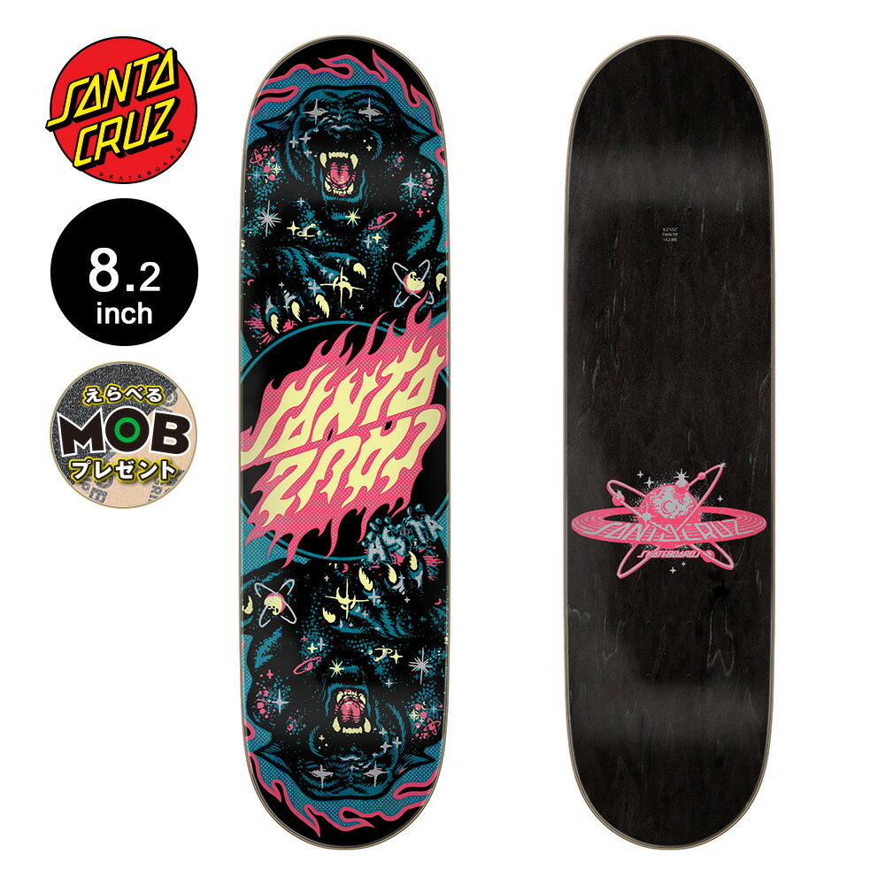 ■SANTA CRUZ SKATEBOARDS 商品詳細 ブランド：SANTA CRUZ(サンタクルーズ) モデル：ASTA COSMIC TWIN DECK 7プライ 100％北米メイプル TWIN TIP 正規輸入品 サイズ 幅：8.2inch（約20.32cm） 長さ：32.0inch（約80.01cm） ノーズ：6.8inch テール：6.8inch ホイールベース：14.2inch TWIN TIP ツインチップのスケートボードシェイプは、ノーズとテールが全く同じ形状・長さをしている左右対称モデル。 前・後ろなどの区別が無いので、どちらでも滑ることができ、テールの消費があっても、ノーズとテールを反対にして滑れるので普段のデッキより長く使用する事ができます。 *デッキテープの貼り付けは、お客様ご自身もしくはお近くのスケート販売店にてお願い致します。 *PCモニターにより若干色が違って見えることがあります。 *仕様は予告なく変更される場合があります。 【SANTA CRUZ】 1973年カリフォルニアはサンタクルーズにて発足し深い歴史を誇るスケートカンパニーSANTACRUZ。 元々はサーフブランドとしてスタートしたブランドだが、後にサーフボードの余剰資材を用いて制作した頑強なデッキが支持を集めるようになる。 SCREAMING HANDで知られるアーティストのジム・フィリップスを起用し、数々の名作デッキをリリースするほか、クリスチャン・ホソイなどが在籍し、パンクなアティチュードを誇ったチーム構成とブランドイメージ、 画家的なプロダクト展開とスタイルあふれる映像作品の数々。 スケートボードに革命を起こしたブランドである。 SANTA CRUZ一覧はこちら ■プラス550円で、デッキテープの変更が可能です。 （Graphic MOB or Cut MOB） 別途お買い上げいただき、ご注文後に金額の変更をおこないます。 【MOB GRIP（モブ グリップ）の特徴】 粗めの仕様で、しっかりとしたグリップ力が魅力です。 テープに開けられた多くの穴が空気を逃がし、気泡をつくらずデッキに張り付けることができます。 防水仕様で耐久性があり、グリップが消耗しにくいのが特徴です。 粘着性の強い接着剤を使用し、少々の熱さや寒さでは剥がれません。 グリップテープ一覧はこちら