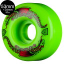 ■POWELL PERALTA モデル：DRAGON FORMULA GREEN 93A WHEEL カラー：グリーン サイズ（直径）：53mm サイズ（幅）：34mm 硬さ：93A 正規輸入品 Dragon Formula このウィールに使用されている新しい新素材のDRAGON FORMULA (DF) ウレタンは、Powell Peraltaが開発した、ウィール業界をリードする革新的なウレタン素材です。 DF-93A Dragons Formulaは荒れた路面でスムーズに転がるだけでなく、99Aや101Aの硬さのウィールのようにグリップするので、93Aの柔らかい硬度で様々な場所でスケートができ、通常のトリックも可能なウィールです。 Speed DF-93A Dragons Formulaは通常のハードウィールに比べて18%〜20%の高反発性を実現しているため、非常に速いスピードを得ることができます。 この高反発性は、ボウルやスケートパークや荒れたストリートでもスピードが落ちることなくスケーティングが可能です。 Grip & Slide 荒れた路面でも、ツルツルの路面でも使え、必要な時にはしっかりグリップもします。 これはDragons Formulaが90年代半ばに開発された普通のウィールのフォーミュラでは無く、10年以上の歳月をかけ最適化され、完璧なまでに微調整された新素材のフォーミュラだからです。 このフォーミュラと同じことができるウィールは他にありません。 Durability Dragons Formulaは滑らかで早く、スライドがしやすいだけでなく、耐久性にも優れています。 高性能の素材を独自のブレンドによって作られ、ウレタンが摩耗してもしっかりと摺動し、フラットスポットを作りにくい長持ちするウィールとなっています。 *大きめのウィールは、デッキとトラックの間にライザーパッドの装着をおすすめします。 *PCモニターにより若干色が違って見えることがあります。 *仕様は予告なく変更される場合があります。 【パウエル・ペラルタ】 スケートボードの歴史を語る上で外せない、老舗の最重要スケートブランドPOWELL PERALTA。 それは1978年のこと、有能な機械工学士としてスケートボードの新たな形を創りだしたジョージ・パウエルと、当時多大な知名度を誇ったプロスケーターのステイシー・ペラルタがタッグを組み、結成された。 また同ブランドが組織するチームはボーンズ・ブリゲードと呼ばれ、数々の有名なスケーターを輩出。 そして、1984年にスケート史において初のスケートビデオ「The Bones Brigade Video Show」をリリースし、世界中へと流通させ、その名を轟かせた。 80年代のスケートシーンを席巻し、現在のスケートの基盤を築いた伝説のスケートブランドである。 POWELL PERALTA商品一覧はこちら