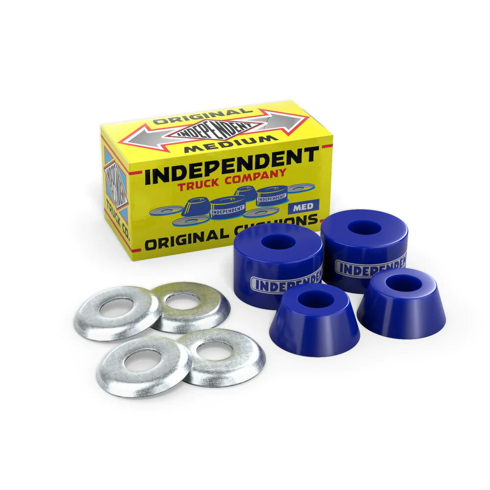 ■INDEPENDENT TRUCKS 商品詳細 ブランド：INDEPENDENT(インディペンデント) モデル：92A MEDIUM GENUINE PARTS ORIGINAL CUSHIONS BLUE カラー：ブルー 硬さ：ミディアム(92A) Stage 1〜Stage 7まで対応 正規輸入品 セット内容 トップクッション：2個 ボトムクッション：2個 カップワッシャー：4枚 INDEPENDENTオリジナルクッションはスナップ・安定性・反発性に優れた高反発ウレタンを使用したクッション。 硬さは3種類で、90A(レッド)/92A(ブルー)/94A(ブラック)からお好みの硬度をお選びいただけます。 INDEPENDENTトラックStage1〜Stage7まで対応。 *INDEPENDENT STAGE11シリーズには取付できませんのでご注意ください。 *仕様は予告なく変更される場合があります。 *PCモニターにより若干色が違って見えることがあります。 【INDEPENDENT】 35年もの歴史を誇る世界最強のトラックと称されるINDEPENDENT TRUCKS。 発足したのは1978年のこと。時はボウルスケーティングが主流だった70年代後期。 当時のトラックの性能に対する不満の声に応えるべく、INDEPENDENTは誕生した。 BUILT TO GRINDやRIDE THE BEST FUCK THE RESTといったスローガンを掲げ、独自の世界観を打ち出してきた。 世界最高の性能、繊細で無骨なトラック、独特のブランドイメージやアティチュードでいまや世界中にカルト的フォロワーを生み出している。 INDEPENDENTはただのトラックカンパニーではなく、ひとつのカルチャーへと昇華したブランドなのである。 INDEPENDENT TRUCKS一覧はこちら