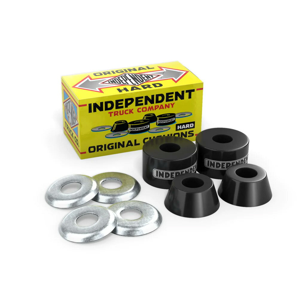 ■INDEPENDENT TRUCKS 商品詳細 ブランド：INDEPENDENT(インディペンデント) モデル：94A HARD GENUINE PARTS ORIGINAL CUSHIONS BLACK カラー：ブラック 硬さ：ハード(94A) Stage 1〜Stage 7まで対応 正規輸入品 セット内容 トップクッション：2個 ボトムクッション：2個 カップワッシャー：4枚 INDEPENDENTオリジナルクッションはスナップ・安定性・反発性に優れた高反発ウレタンを使用したクッション。 硬さは3種類で、90A(レッド)/92A(ブルー)/94A(ブラック)からお好みの硬度をお選びいただけます。 INDEPENDENTトラックStage1〜Stage7まで対応。 *INDEPENDENT STAGE11シリーズには取付できませんのでご注意ください。 *仕様は予告なく変更される場合があります。 *PCモニターにより若干色が違って見えることがあります。 【INDEPENDENT】 35年もの歴史を誇る世界最強のトラックと称されるINDEPENDENT TRUCKS。 発足したのは1978年のこと。時はボウルスケーティングが主流だった70年代後期。 当時のトラックの性能に対する不満の声に応えるべく、INDEPENDENTは誕生した。 BUILT TO GRINDやRIDE THE BEST FUCK THE RESTといったスローガンを掲げ、独自の世界観を打ち出してきた。 世界最高の性能、繊細で無骨なトラック、独特のブランドイメージやアティチュードでいまや世界中にカルト的フォロワーを生み出している。 INDEPENDENTはただのトラックカンパニーではなく、ひとつのカルチャーへと昇華したブランドなのである。 INDEPENDENT TRUCKS一覧はこちら