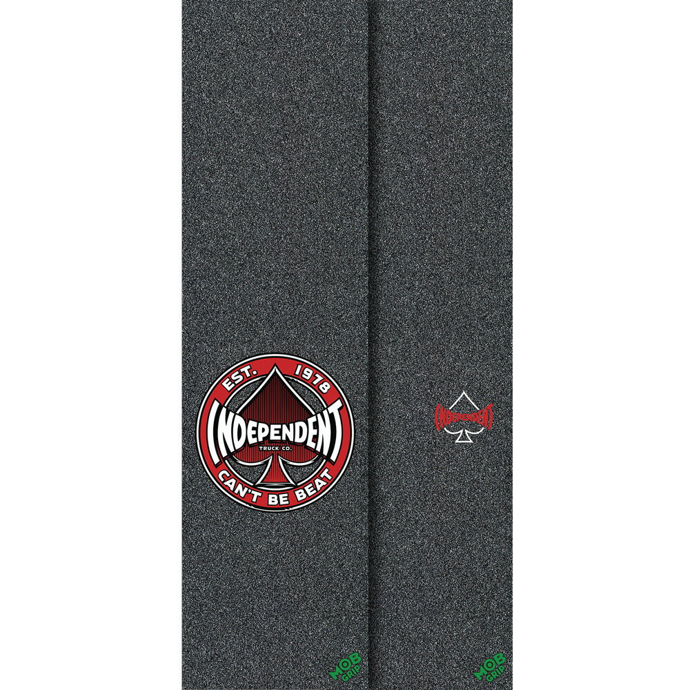 ■MOB GRIP 商品詳細 ブランド：MOB GRIP(モブグリップ) モデル：INDEPENDENT CAN'T BE BEAT SHEET 正規輸入品 サイズ 幅：9inch(約22.86cm) 長さ：33inch(約83.82cm) 粗めの仕様で、しっかりとしたグリップ力が魅力です。 テープに開けられた多くの穴が空気を逃がし、気泡をつくらずデッキに張り付けることができます。 防水仕様で耐久性があり、グリップが消耗しにくいのが特徴です。 粘着性の強い接着剤を使用し、少々の熱さや寒さでは剥がれません。 *デッキと注文で550円に変更につきましては、一部対象外のデッキがございます。 *予め、ご希望のデッキのサイズをご確認下さい。 *デッキテープの貼り付けは、お客様ご自身でおこなっていただきますようお願い致します。 *PCモニターにより若干色が違って見えることがあります。 *商品の仕様は予告なく変更になる場合があります。 【MOB GRIP】 Marc Johnson,Jamie Thomas,David Gonzalezをはじめ、多くの有名ライダーをサポートするデッキテープブランド。 GRAPHIC MOBやデッキテープがカットされているLASER CUT MOBなど様々なラインナップを展開している。 MOB GRIP一覧はこちら ■デッキと同時購入なら、550円でお買い上げいただけます！ 550円に変更するには？ プルダウンメニュー[デッキと注文（550円に変更）]を選択の上、買い物かごに追加してください。 [MOB GRIPプレゼント]のバナーが掲載されたデッキと同時購入が必要になります。 550円に変更の場合、デッキに付属しているプレゼントのMOB GRIP（ブラック）は付属いたしません。 550円に変更は対象のデッキ1本につき1枚までとなります。 デッキ1本とテープ2枚をお買い上げの場合は、価格が安いものを550円変更いたします。 550円に変更ができない場合 プルダウンメニュー[テープのみ注文]を選択された場合。 プルダウンメニューが無い商品は対象外となります。 [MOB GRIPプレゼント]のバナーが掲載されていないデッキと同時にお買い上げいただいた場合。 ※金額が550円に変更されるタイミングについて システムの都合上、決済画面で550円に変更されません。 一旦ご希望のデッキテープの金額で決済していただき、当店でご注文確認後にデッキテープの金額を550円に変更し、改めて金額を修正した内容のメールを送信させていただきます。 デッキ一覧はこちら