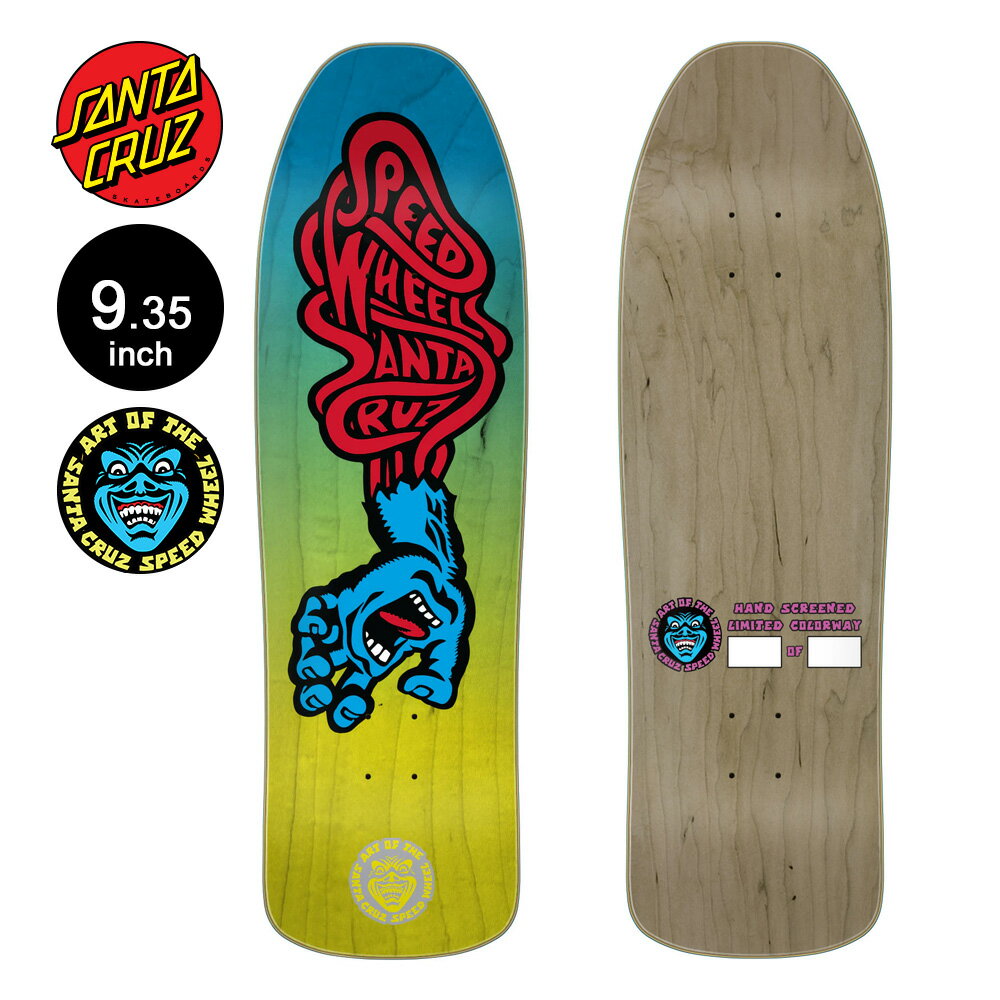 ■SANTA CRUZ SKATEBOARDS 商品詳細 ブランド：SANTA CRUZ(サンタクルーズ) モデル：SPEED WHEELS VEIN HAND YELLOW/BLUE DECK 7プライ 100％北米メイプル サンタクルーズのNHSでハンドスクリーン 世界限定300本 シリアルナンバー入り 正規輸入品 サイズ 幅：9.35inch(約23.62cm) 長さ：31.7inch(約82.19cm) ノーズ：5.95inch テール：6.2505inch ホイールベース：15.25inch *デッキテープの貼り付けは、お客様ご自身もしくはお近くのスケート販売店にてお願い致します。 *Graphic MOB or Cut MOB同時購入で550円は対象外となります。 *デッキテープは付属しておりません。別途お買い上げいただきますようお願いします。 *PCモニターにより若干色が違って見えることがあります。 *仕様は予告なく変更される場合があります。 【SANTA CRUZ】 1973年カリフォルニアはサンタクルーズにて発足し深い歴史を誇るスケートカンパニーSANTA CRUZ。 元々はサーフブランドとしてスタートしたブランドだが、後にサーフボードの余剰資材を用いて制作した頑強なデッキが支持を集めるようになる。 SCREAMING HANDで知られるアーティストのジム・フィリップスを起用し、数々の名作デッキをリリースするほか、クリスチャン・ホソイなどが在籍し、 パンクなアティチュードを誇ったチーム構成とブランドイメージ、画家的なプロダクト展開とスタイルあふれる映像作品の数々。 スケートボードに革命を起こしたブランドである。 SANTA CRUZ一覧はこちら