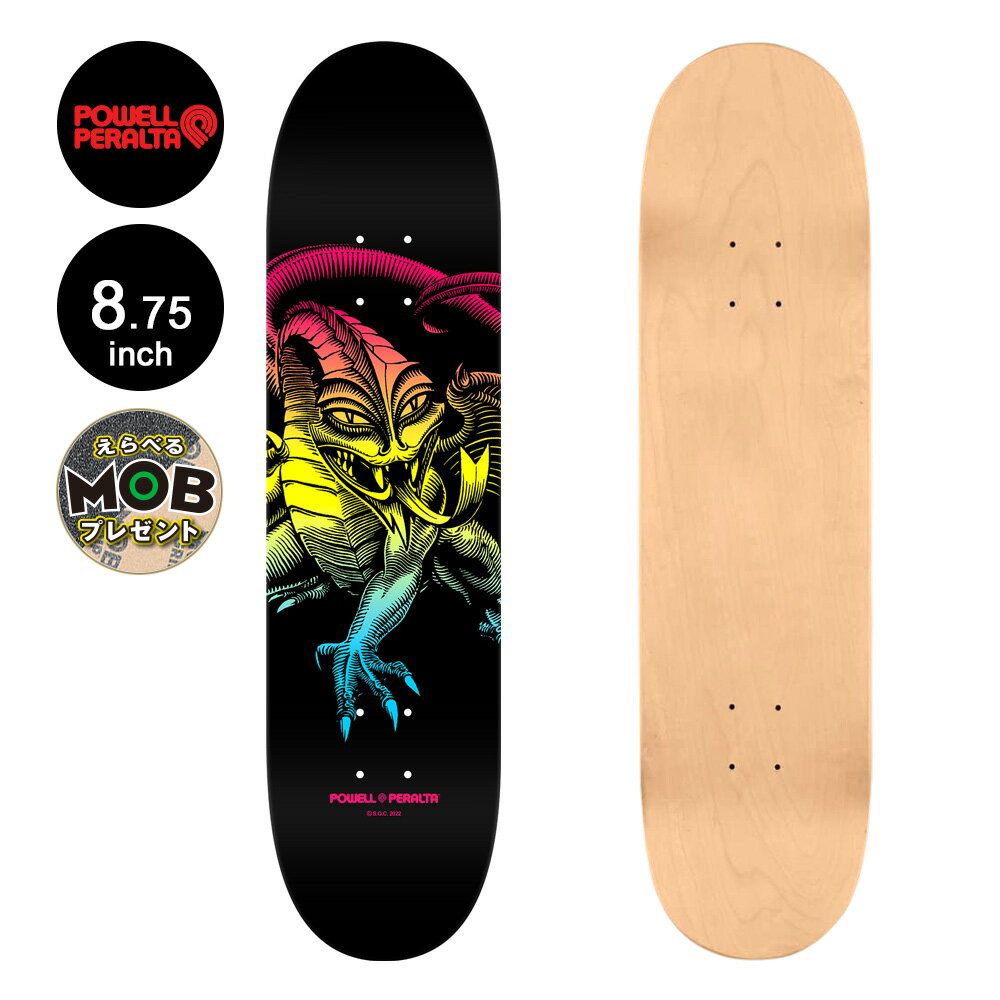 ■POWELL PERALTA 商品詳細 ブランド：POWELL PERALTA（パウエル・ペラルタ） モデル：CAB DRAGON COLBY FADE DECK 正規輸入品 サイズ シェイプ：245 幅：8.75inch(約22.22cm) 長さ：32.95inch(約83.69cm) ノーズ：7inch テール：6.75inch ホイールベース：15inch 7プライの最高級グレードのアメリカンハードロックメイプルを使用し、スケートワン独自の技術“AirLam&#8482;”による低圧エアープレスと、接着剤には高強度の耐水接着剤を使用することで、最大級の弾きと耐久性を実現。 *デッキテープの貼り付けは、お客様ご自身もしくはお近くのスケート販売店にてお願い致します。 *PCモニターにより若干色が違って見えることがあります。 *仕様は予告なく変更される場合があります。 【POWELL PERALTA】 スケートボードの歴史を語る上で外せない、老舗の最重要スケートブランドPOWELL PERALTA。 それは1978年のこと、有能な機械工学士としてスケートボードの新たな形を創りだしたジョージ・パウエルと、当時多大な知名度を誇ったプロスケーターのステイシー・ペラルタがタッグを組み、結成された。 また同ブランドが組織するチームはボーンズ・ブリゲードと呼ばれ、数々の有名なスケーターを輩出。 そして、1984年にスケート史において初のスケートビデオ「The Bones Brigade Video Show」をリリースし、世界中へと流通させ、その名を轟かせた。 80年代のスケートシーンを席巻し、現在のスケートの基盤を築いた伝説のスケートブランドである。 POWELL PERALTA一覧はこちら ■プラス550円で、デッキテープの変更が可能です。 （Graphic MOB or Cut MOB） 別途お買い上げいただき、ご注文後に金額の変更をおこないます。 【MOB GRIP（モブ グリップ）の特徴】 粗めの仕様で、しっかりとしたグリップ力が魅力です。 テープに開けられた多くの穴が空気を逃がし、気泡をつくらずデッキに張り付けることができます。 防水仕様で耐久性があり、グリップが消耗しにくいのが特徴です。 粘着性の強い接着剤を使用し、少々の熱さや寒さでは剥がれません。 グリップテープ一覧はこちら