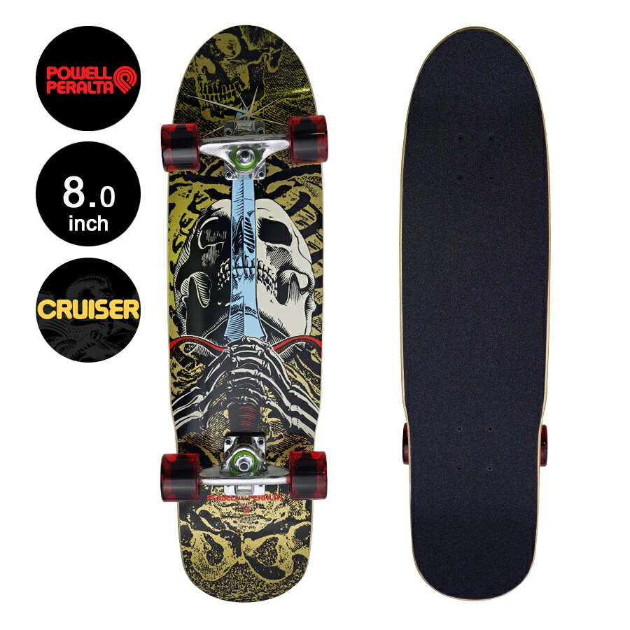 ■POWELL PERALTA 商品詳細 ブランド：POWELL PERALTA(パウエル・ペラルタ) モデル：SKULL & SWORD CRUISER COMPLETE デッキ ブランド：POWELL PERALTA デッキ(幅)：8.0inch(約20.32cm) デッキ(長さ)：30inch(約76.2cm) スケートワン独自の技術、AirLam&#8482;によるプレスで、最大級の弾きと耐久性を実現。 7プライの高品質な樺の木を耐衝撃性、耐水性のある接着剤でコールドフュージョン。 トラック ブランド：MINI LOGO(ミニロゴ) カラー：シルバー サイズ：7.63" Truck ハイクオリティアルミベースプレート＆ハンガーとスチール製のキングピンとアクスルシャフト。 軽量化されたベースプレートとターン性能にすぐれたソフトブッシュ。 ウィール ブランド：POWELL PERALTA(パウエル・ペラルタ) カラー：レッド サイズ(直径)：59mm サイズ(幅)：45mm 硬さ：75a(柔らか) 最適な路面：すべての路面 ウィールは半透明で高反発なウレタンウィールで、どこまでも進むスムースなライディング ベアリング ブランド：MINI LOGO(ミニロゴ) Bones Skate Rated&#8482;基準による、スケーティングに最適な性能。 均一な品質を保つ工場管理。 両面ラバーシールドでゴミ、汚れを防ぎます。 スケートボード専用ベアリングに最適な低粘度のBONES&#8482; Speed Cream&#174;を使用。 コストパフォーマンスに優れたパウエルペラルタの組み立て済みクルーザー！ 移動用クルーザーに最適です！ こちらのコンプリートは、スケートボードに乗り慣れるために最適なエントリーモデルになります。 アメリカの西海岸サンタバーバラにあるSkate One社が企画製造したもので、初心者向けにリーズナブルな価格で提供されている商品です。 これからスケートボードを始める際には十分なパフォーマンスを備えています。 *PCモニターにより若干色が違って見えることがあります。 *商品の仕様は予告なく変更される場合があります。 【POWELL PERALTA】 スケートボードの歴史を語る上で外せない、老舗の最重要スケートブランドPOWELL PERALTA。 それは1978年のこと、有能な機械工学士としてスケートボードの新たな形を創りだしたジョージ・パウエルと、当時多大な知名度を誇ったプロスケーターのステイシー・ペラルタがタッグを組み、結成された。 また同ブランドが組織するチームはボーンズ・ブリゲードと呼ばれ、数々の有名なスケーターを輩出。 そして、1984年にスケート史において初のスケートビデオ「The Bones Brigade Video Show」をリリースし、世界中へと流通させ、その名を轟かせた。 80年代のスケートシーンを席巻し、現在のスケートの基盤を築いた伝説のスケートブランドである。 POWELL PERALTA商品一覧はこちら メーカー希望小売価格はメーカーサイトに基づいて掲載しています