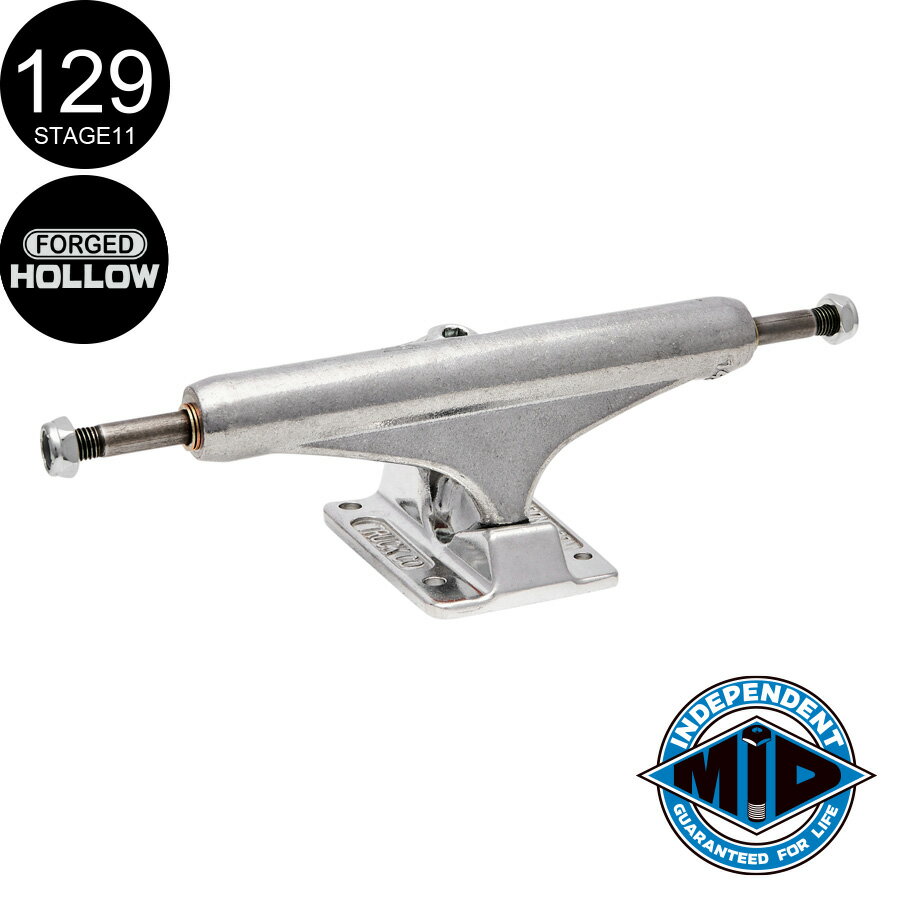 ■INDEPENDENT TRUCKS 商品詳細 ブランド：INDEPENDENT(インディペンデント) モデル：FORGED HOLLOW MID TRUCKS カラー：シルバー 正規輸入品 サイズ サイズ：129(デッキサイズ7.4〜7.8inch) トラック幅:7.6Inch トラックデザイン:Mid トラック高さ:50.5mm トラック重量:352g MID INDY初のインバーテッド・キングピン(逆向きのキングピン)で引っ掛かりの無いスムーズなグラインド。 インバーテッド・キングピンは5.5mmの六角レンチもしくは、通常のスケートツールで調整可能。 シャフトナットは新しくデザインされ、他社のインバーテッド・キングピンでみられる横方向の動きを低減。 クッションはSTANDARDの物を使用しているので、交換可能(BONES/ハードコアブッシュも可) ウィールのサイズは52mm以下を推奨。 中空クロモリアクスル&鍛造ベースプレート STAGE XI|FORGED HOLLOW 鍛造ベースプレート、中空アクスルを採用した超軽量トラック。 ストリートでもパークでもどんなスタイルに対応。 52mm以下のウィールに最適なパフォーマンスと、 ウィールクリアランスを実現する50.5mmの高さ。 A356 T6アルミニウムハンガー 強度、耐久性、グラインドフィールを考えられた T6グレードの軽量アルミニウム合金。 6061アルミ鍛造ベースプレート 航空機にも使われるの鍛造アルミニウムにより、 高密度で強度を維持しながら部品の薄型化を実現。 中空クロモリアクスル 最高の品質の中空クロモリスチールを採用し、耐久性と軽量化を実現。 *1個のみとなります。1セットご希望の場合は2個ご注文下さい。 *商品の仕様は予告なく変更になる場合があります。 *こちらの商品は返品・交換をお受付けできません。 *PCモニターにより若干色が違って見えることがあります。 【INDEPENDENT】 35年もの歴史を誇る世界最強のトラックと称されるINDEPENDENT TRUCKS。 発足したのは1978年のこと。時はボウルスケーティングが主流だった70年代後期。 当時のトラックの性能に対する不満の声に応えるべく、INDEPENDENTは誕生した。 BUILT TO GRINDやRIDE THE BEST FUCK THE RESTといったスローガンを掲げ、独自の世界観を打ち出してきた。 世界最高の性能、繊細で無骨なトラック、独特のブランドイメージやアティチュードでいまや世界中にカルト的フォロワーを生み出している。 INDEPENDENTはただのトラックカンパニーではなく、ひとつのカルチャーへと昇華したブランドなのである。 ▼INDYトラック一覧はこちら メーカー希望小売価格はメーカーサイトに基づいて掲載しています