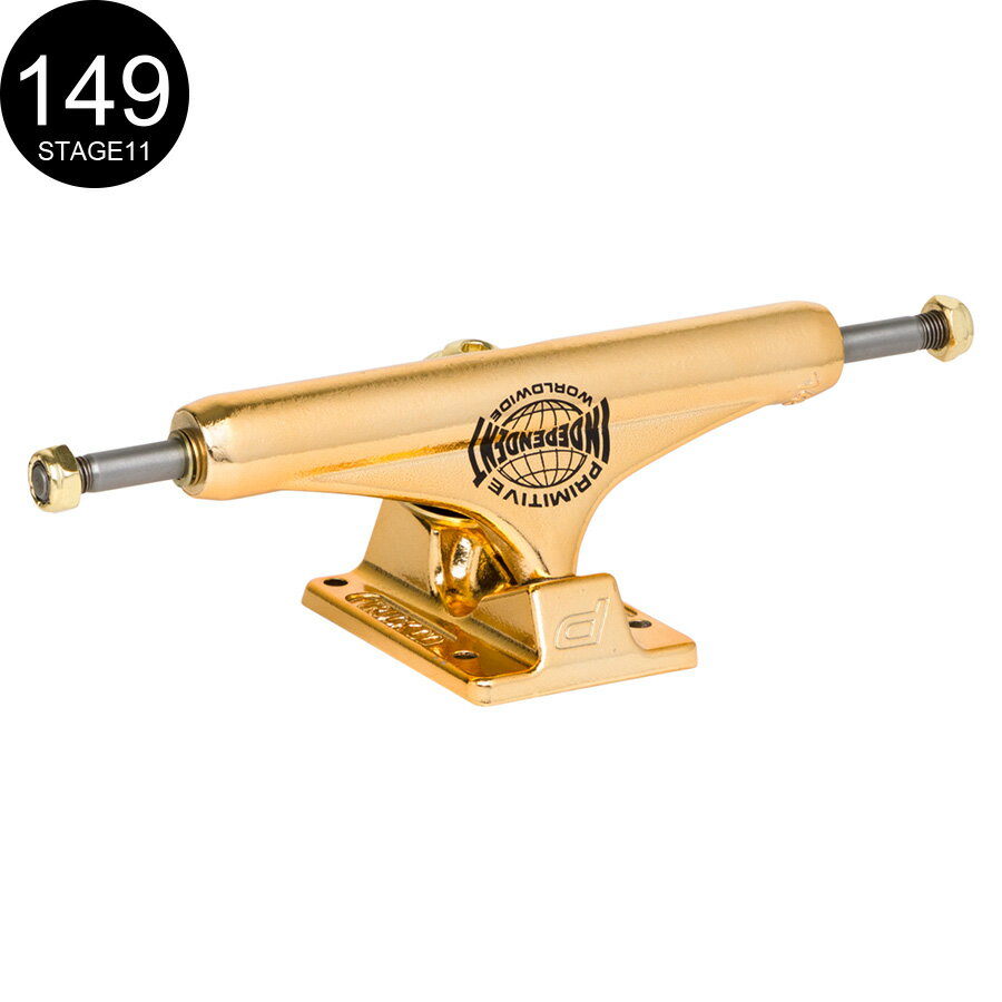 ■INDEPENDENT TRUCKS 商品詳細 ブランド：INDEPENDENT(インディペンデント) モデル：PRIMITIVE GOLD MID TRUCKS(STAGE11) カラー：ゴールド 正規輸入品 サイズ サイズ：149(デッキサイズ8.375〜8.6inch) トラック幅:8.5Inch トラックデザイン:Mid トラック高さ:52.0mm トラック重量:409g MID STANDARDとLOWの中間の高さのMID(52mm) INDY初のインバーテッド・キングピン(逆向きのキングピン)で引っ掛かりの無いスムーズなグラインド。 インバーテッド・キングピンは5.5mmの六角レンチもしくは、通常のスケートツールで調整可能。 シャフトナットは新しくデザインされ、他社のインバーテッド・キングピンでみられる横方向の動きを低減。 クッションはSTANDARDの物を使用しているので、交換可能(BONES/ハードコアブッシュも可) ウィールのサイズは53mm以下を推奨。 *1個のみとなります。1セットご希望の場合は2個ご注文下さい。 *仕様は予告なく変更される場合があります。 *こちらの商品は返品・交換をお受付けできません。 *PCモニターにより若干色が違って見えることがあります。 【INDEPENDENT】 35年もの歴史を誇る世界最強のトラックと称されるINDEPENDENT TRUCKS。 発足したのは1978年のこと。時はボウルスケーティングが主流だった70年代後期。 当時のトラックの性能に対する不満の声に応えるべく、INDEPENDENTは誕生した。 BUILT TO GRINDやRIDE THE BEST FUCK THE RESTといったスローガンを掲げ、独自の世界観を打ち出してきた。 世界最高の性能、繊細で無骨なトラック、独特のブランドイメージやアティチュードでいまや世界中にカルト的フォロワーを生み出している。 INDEPENDENTはただのトラックカンパニーではなく、ひとつのカルチャーへと昇華したブランドなのである。 ▼INDYトラック一覧はこちら メーカー希望小売価格はメーカーサイトに基づいて掲載しています