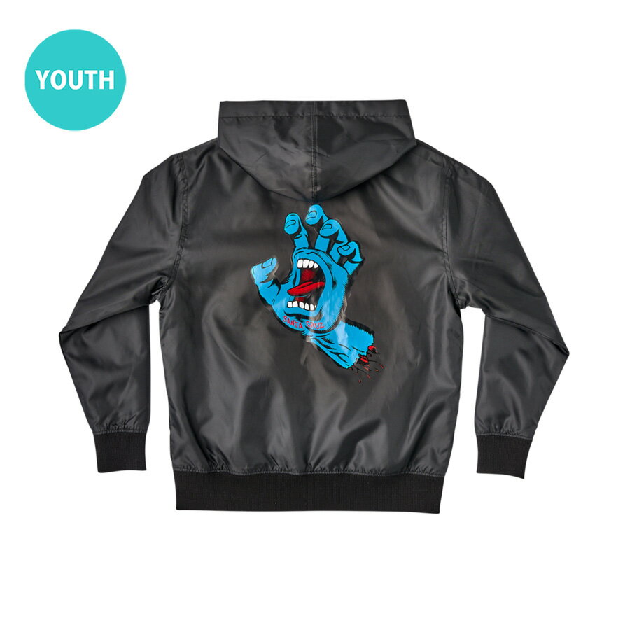 SANTA CRUZ サンタクルーズSCREAMING HAND HOODED WINDBREAKER JACKET YOUTHジャケット アウター ウインドブレーカー ユースサイズ ブラック 子供用 スクリーミングハンド スケートボード スケボー sk8 skateboard【21HD】