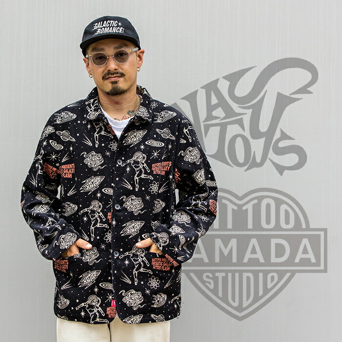 NASTOYS × TATTOO STUDIO YAMADA / 「“GALAXY TATTOO FLASH“ Sack Coat / BLACK」コーデュロイサックコート / ジャケット / コート / アウター / コーデュロイ / 総柄 / セットアップ / カジュアル / ストリート / アメカジ / 限定