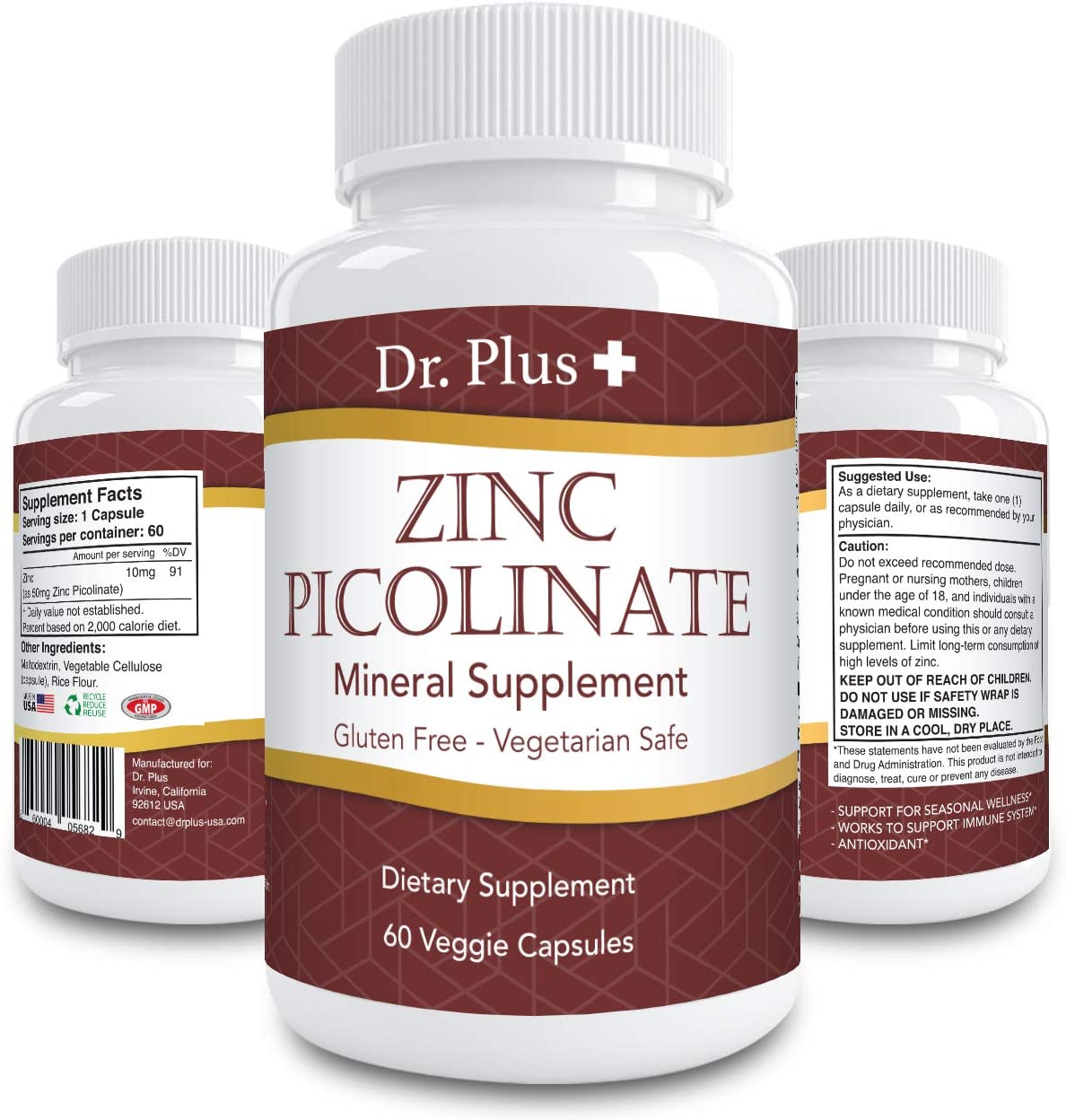 サプリメント 【お得な2本セット！】ピコリン酸亜鉛 50mg 60カプセル / Zinc Picolinate 60 Capsules Dr.Plus + ドクタープラス サプリメント Made in USA Dr Plus サプリ