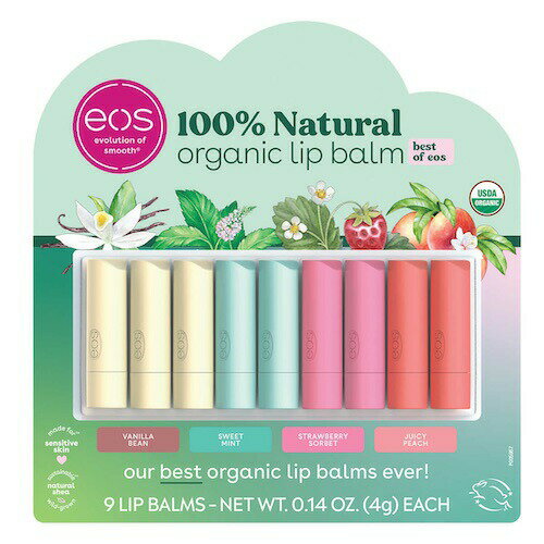 eos イオス リップバーム 4種の香り 9本入り ベストオブイオス オーガニック 100％ナチュラル USDA Organic Smooth Lip Balm, 9 Sticks